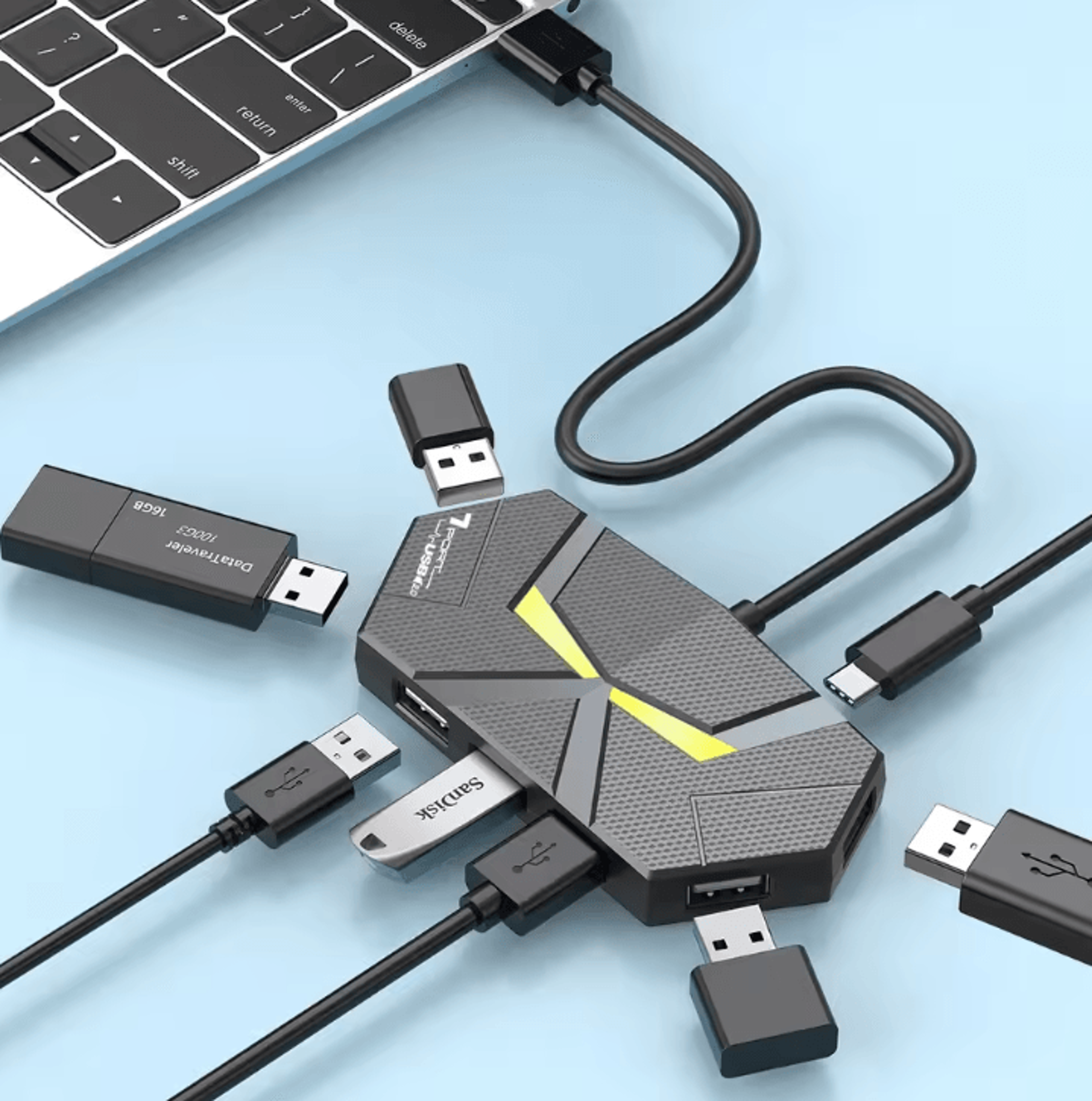 0.6cm/1.2m hub 7-port compatible usb2.0 expansion splitter laptop connect hard drive computer type-c stable transfer dat