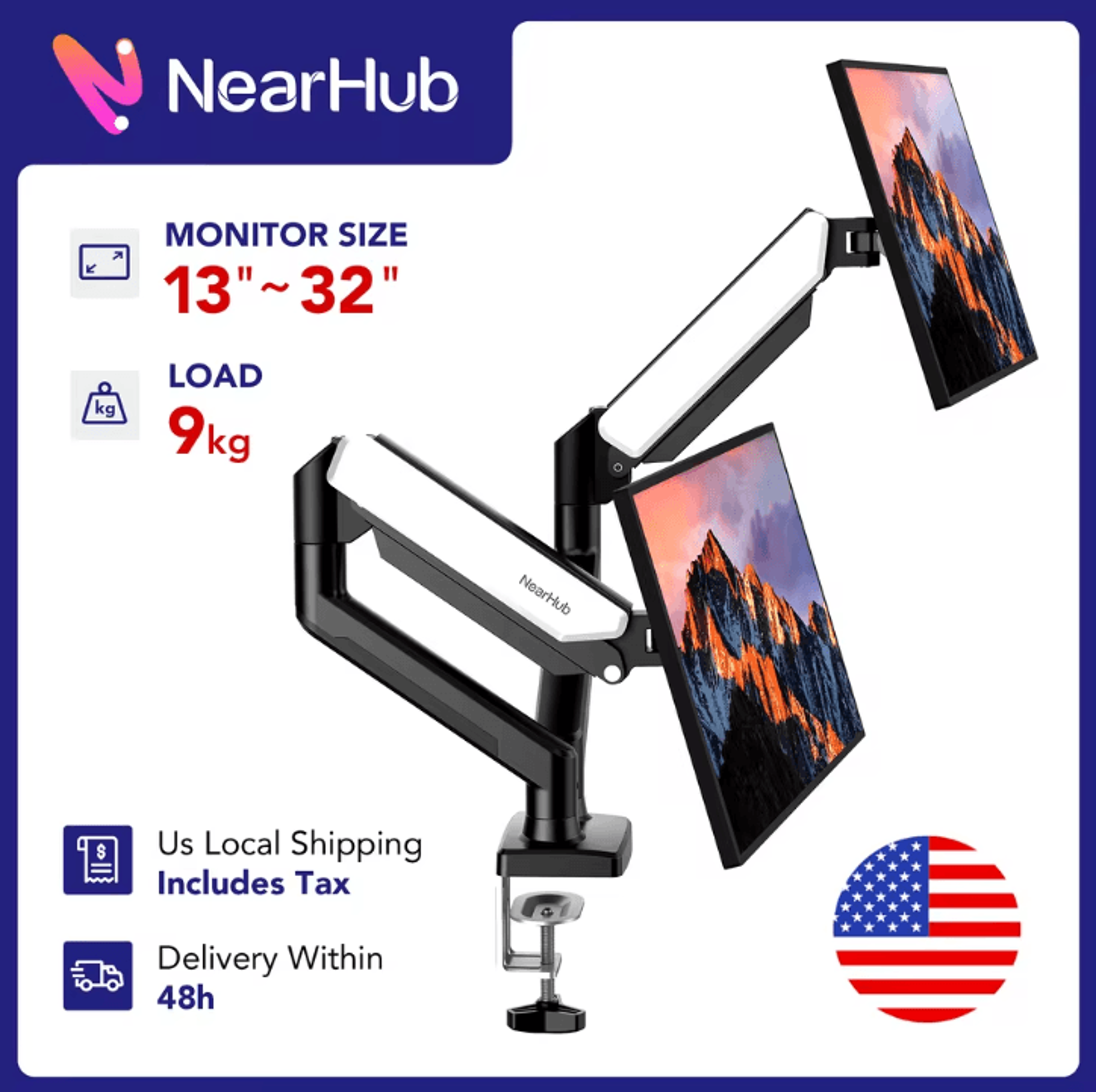 nearhub dual arm monitor stand – adjustable desk mount for 13–32 inches screens with c-clamp & grommet base