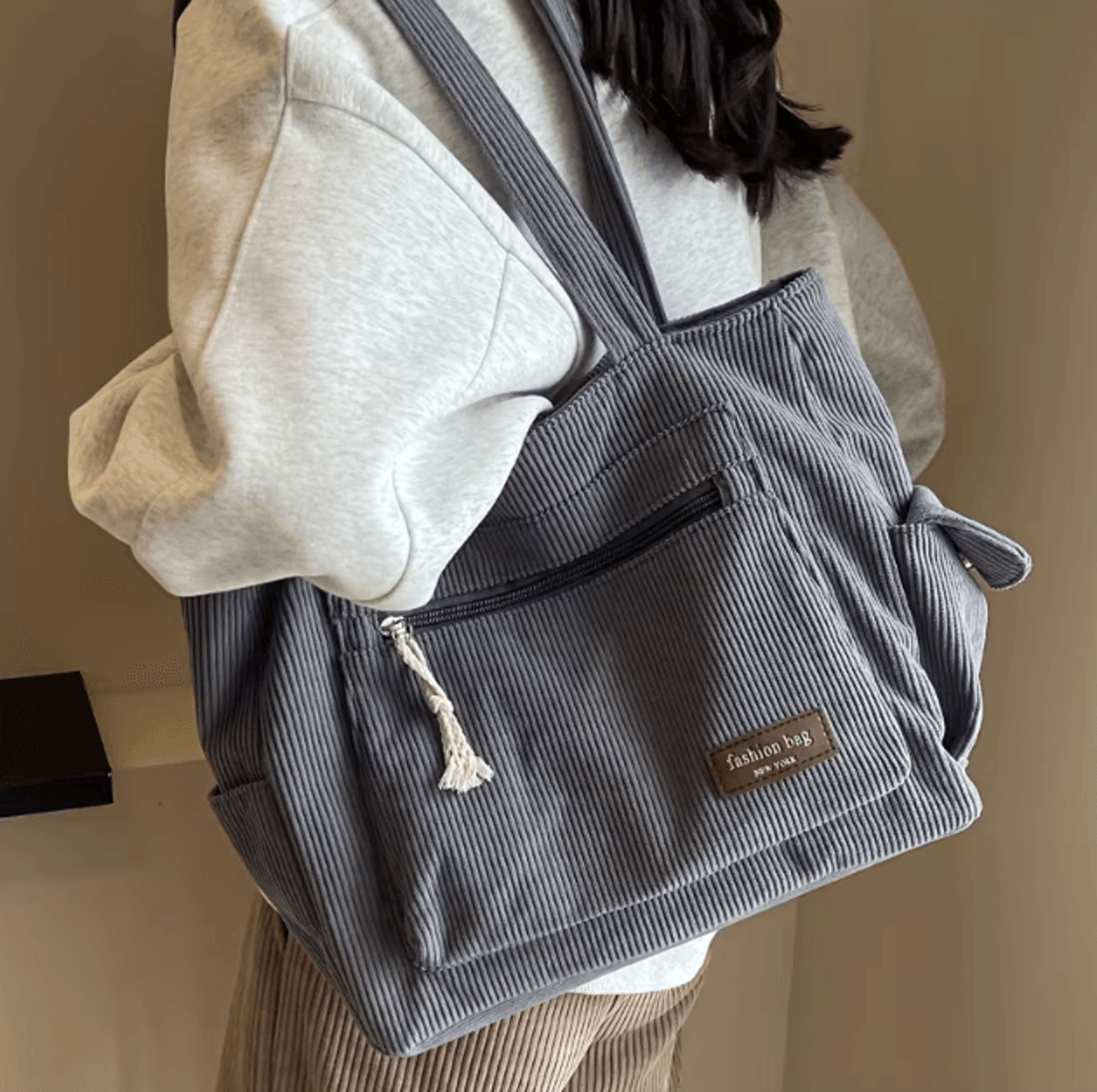 corduroy tote bag with multi pockets large everyday casual shoulder bag for women