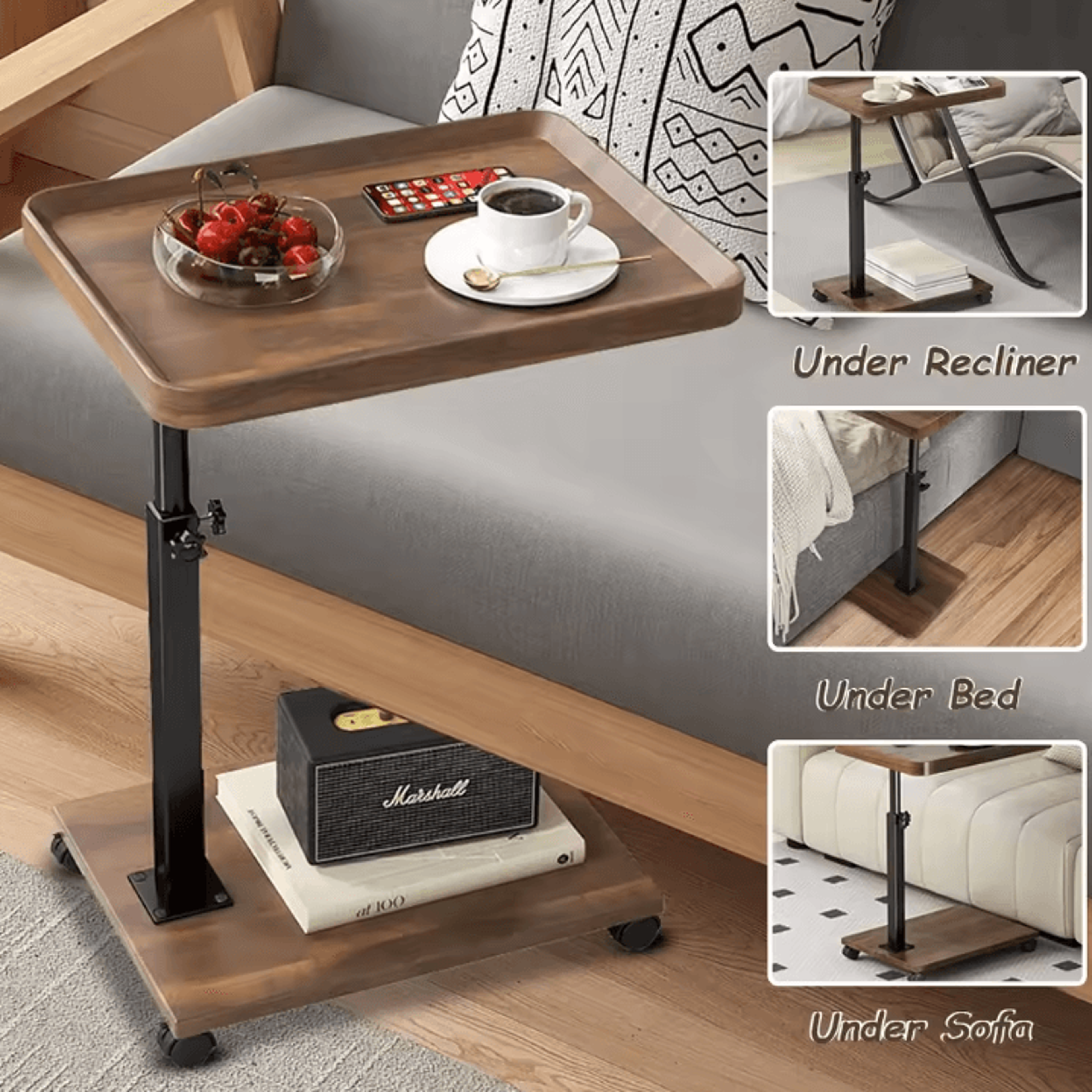 adjustable rolling overbed table mobile bedside laptop desk with 360 rotatable tray