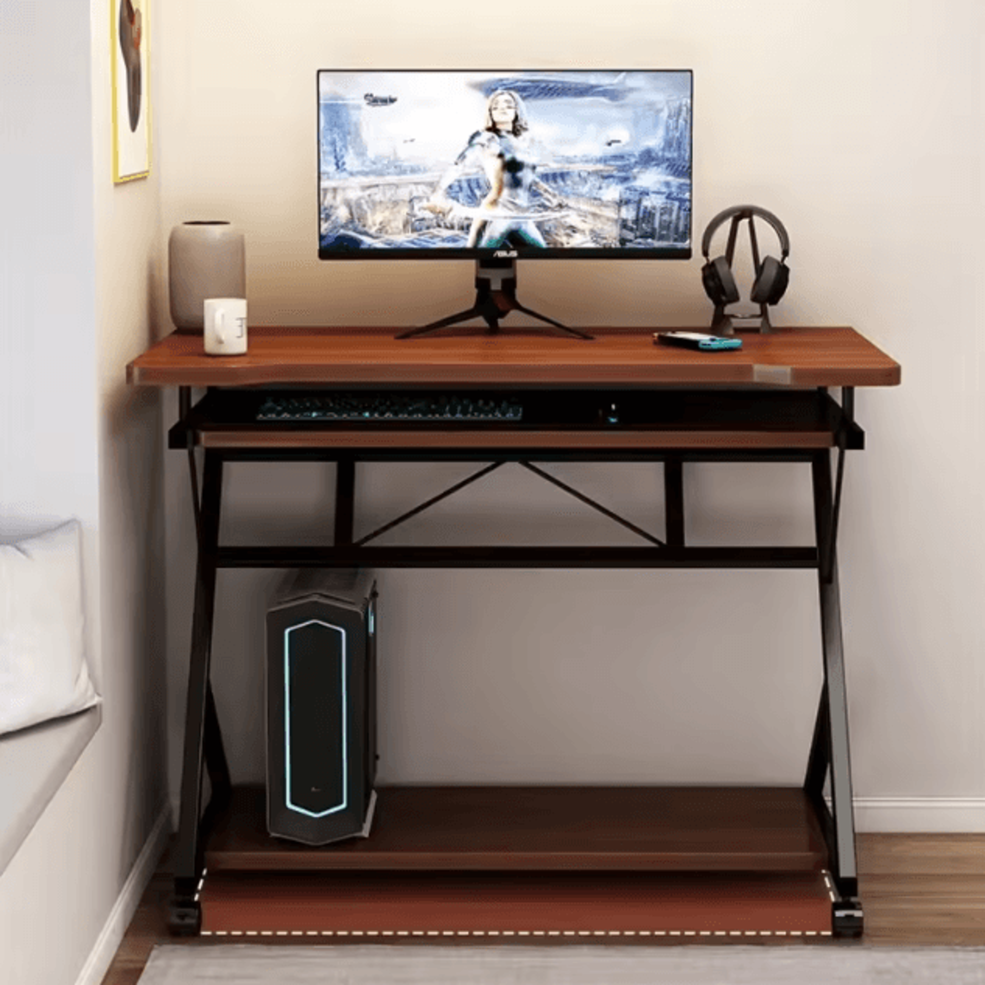 small computer desk with keyboard tray and monitor shelf compact home office laptop table