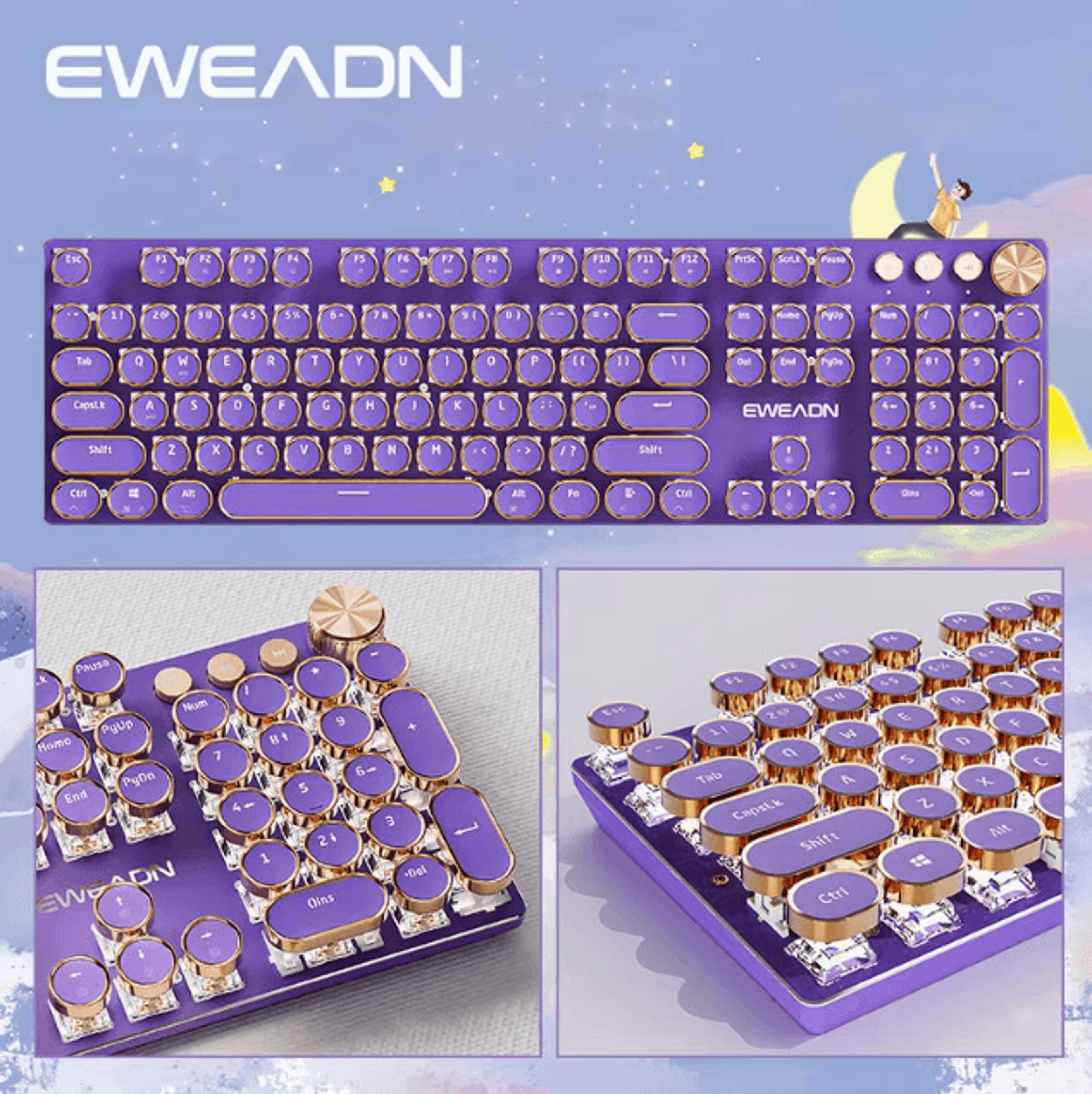 eweadn v20 punk typewriter mechanical gaming keyboard with round keycaps and backlight