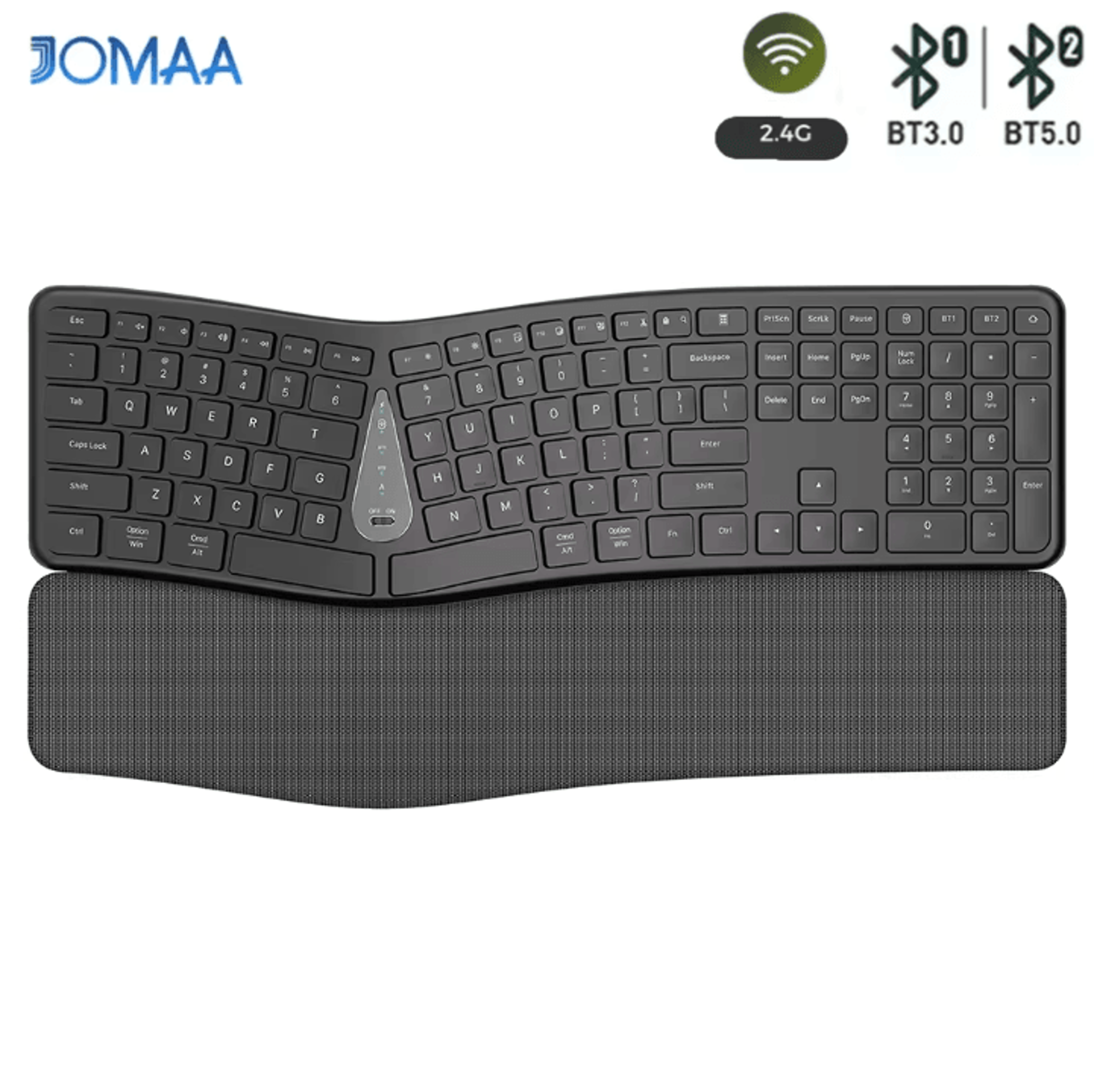 jomaa full size wireless ergonomic keyboard with palm rest bluetooth and 2.4g connection