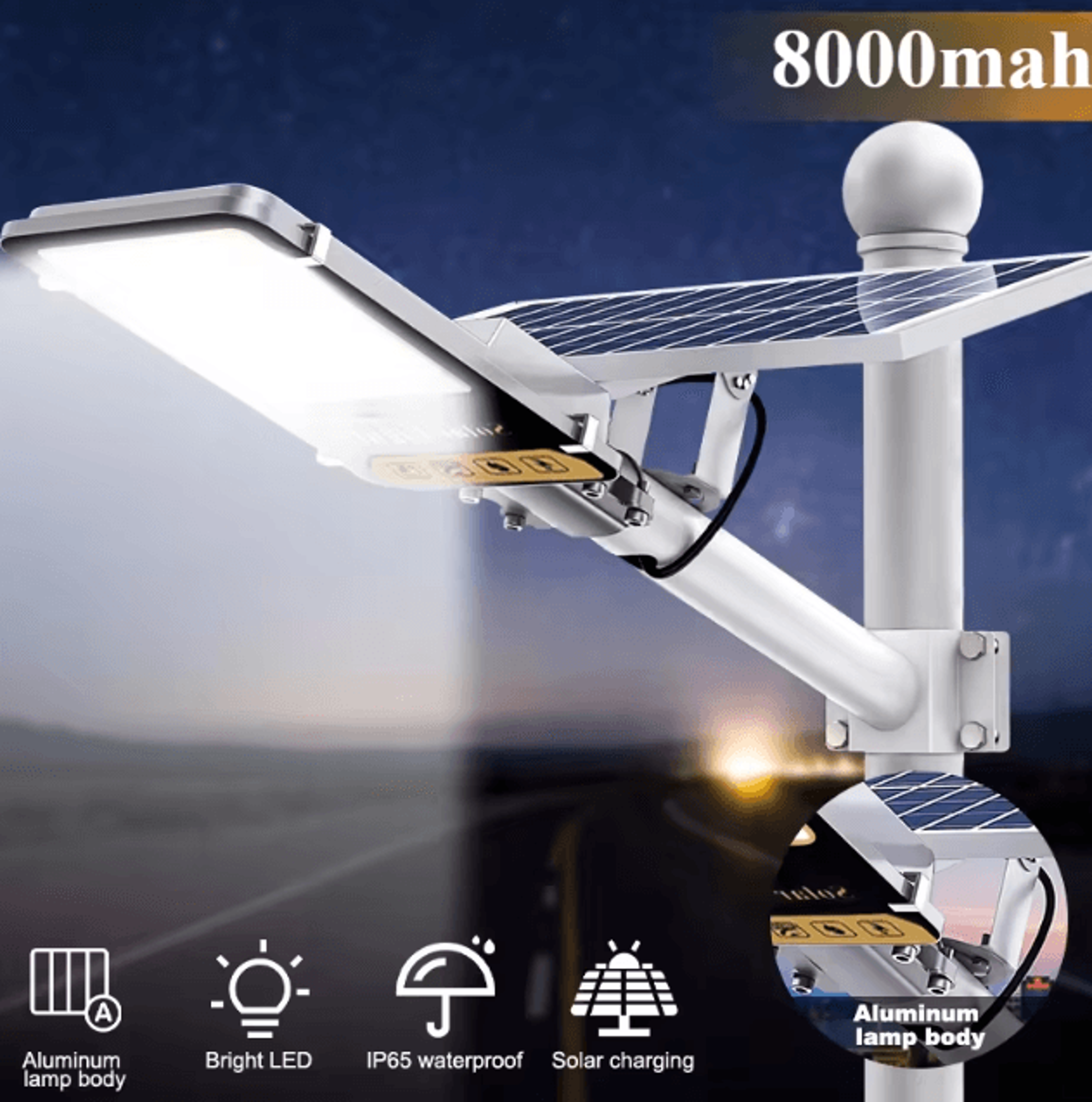 high power solar outdoor street light with 8000mah battery aluminum waterproof design
