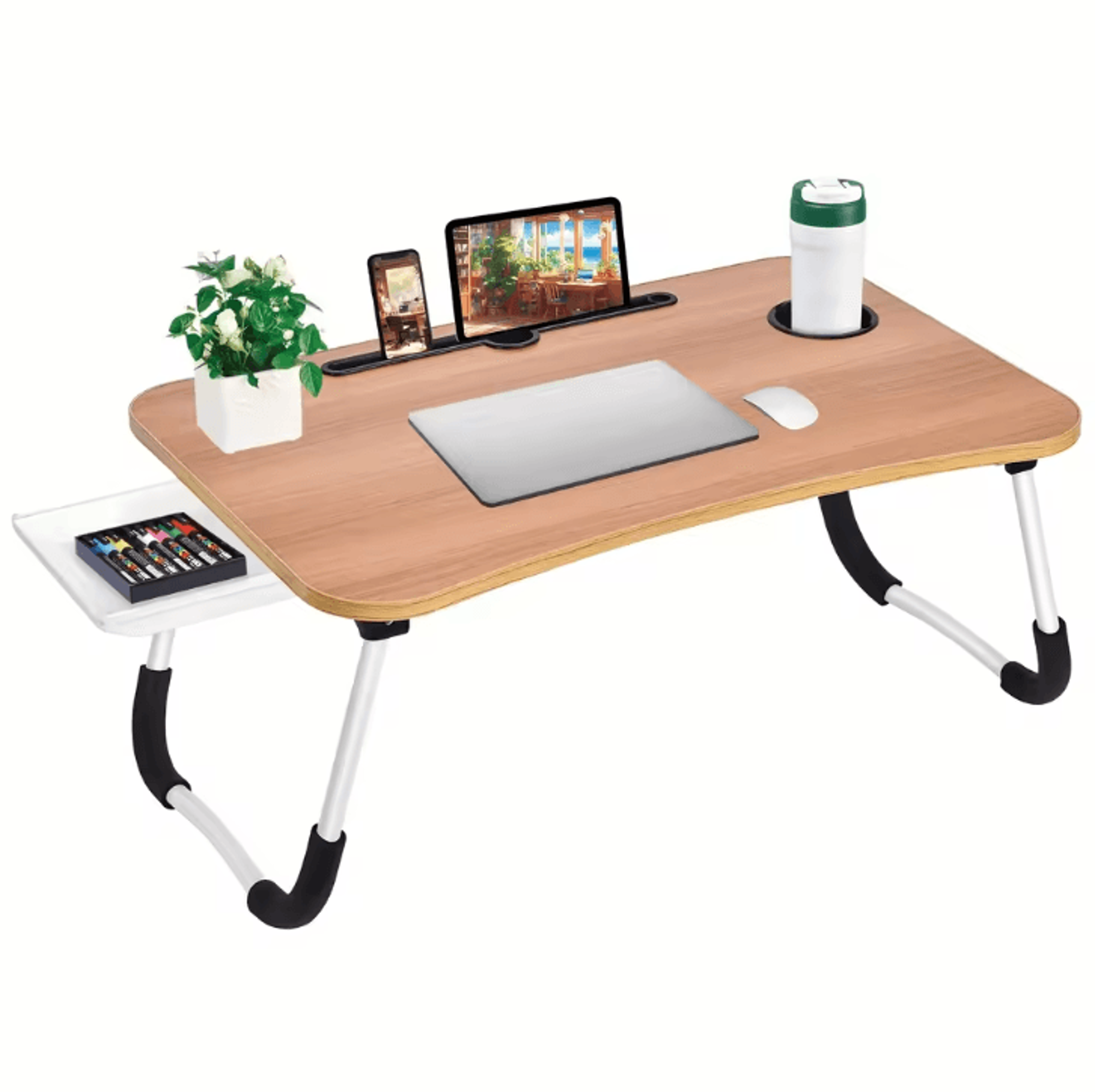 extra-large portable laptop bed desk – multi-functional foldable tray stand with cup holder and drawer