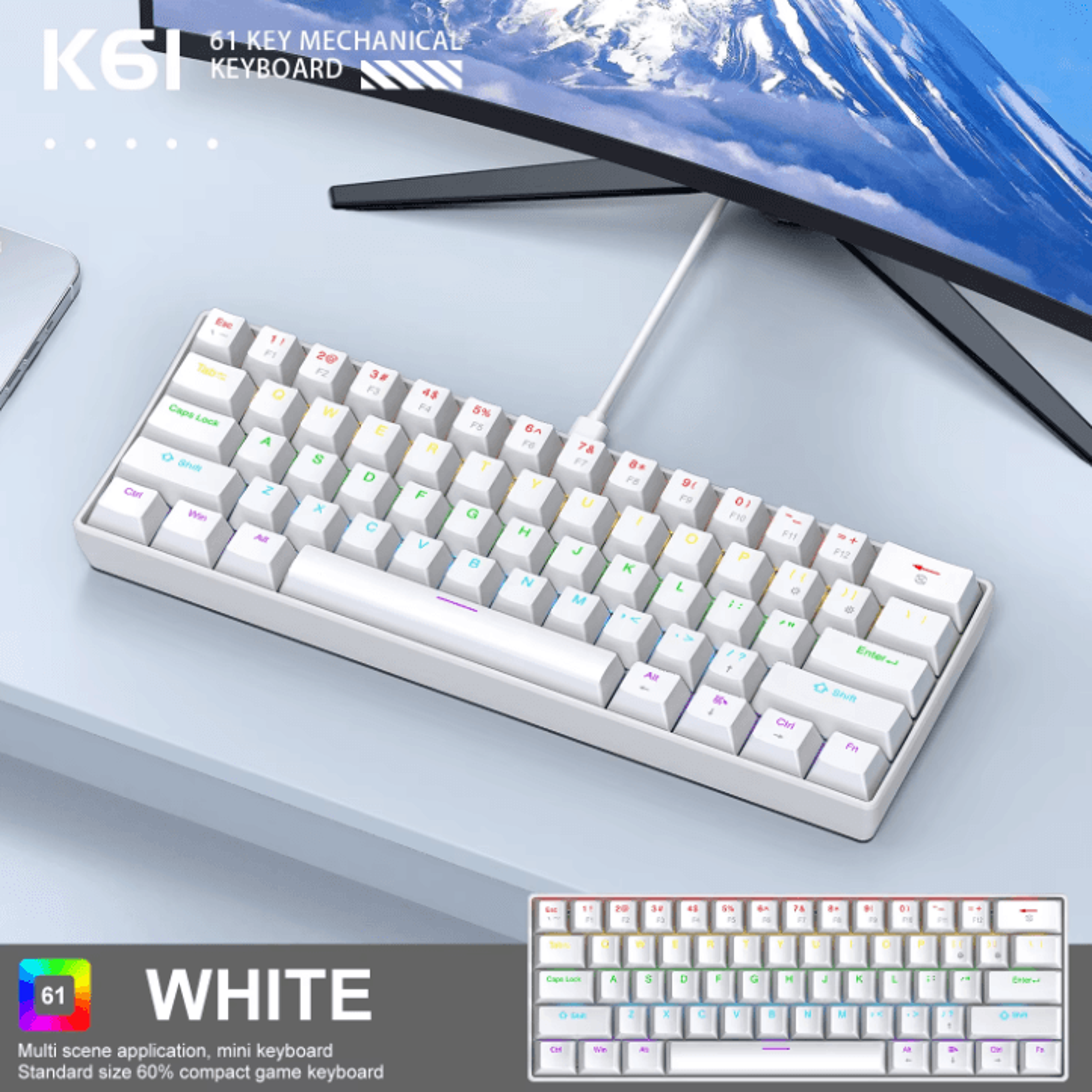 apayado k61 60% portable wired mini mechanical keyboard wired rgb with 61 keys