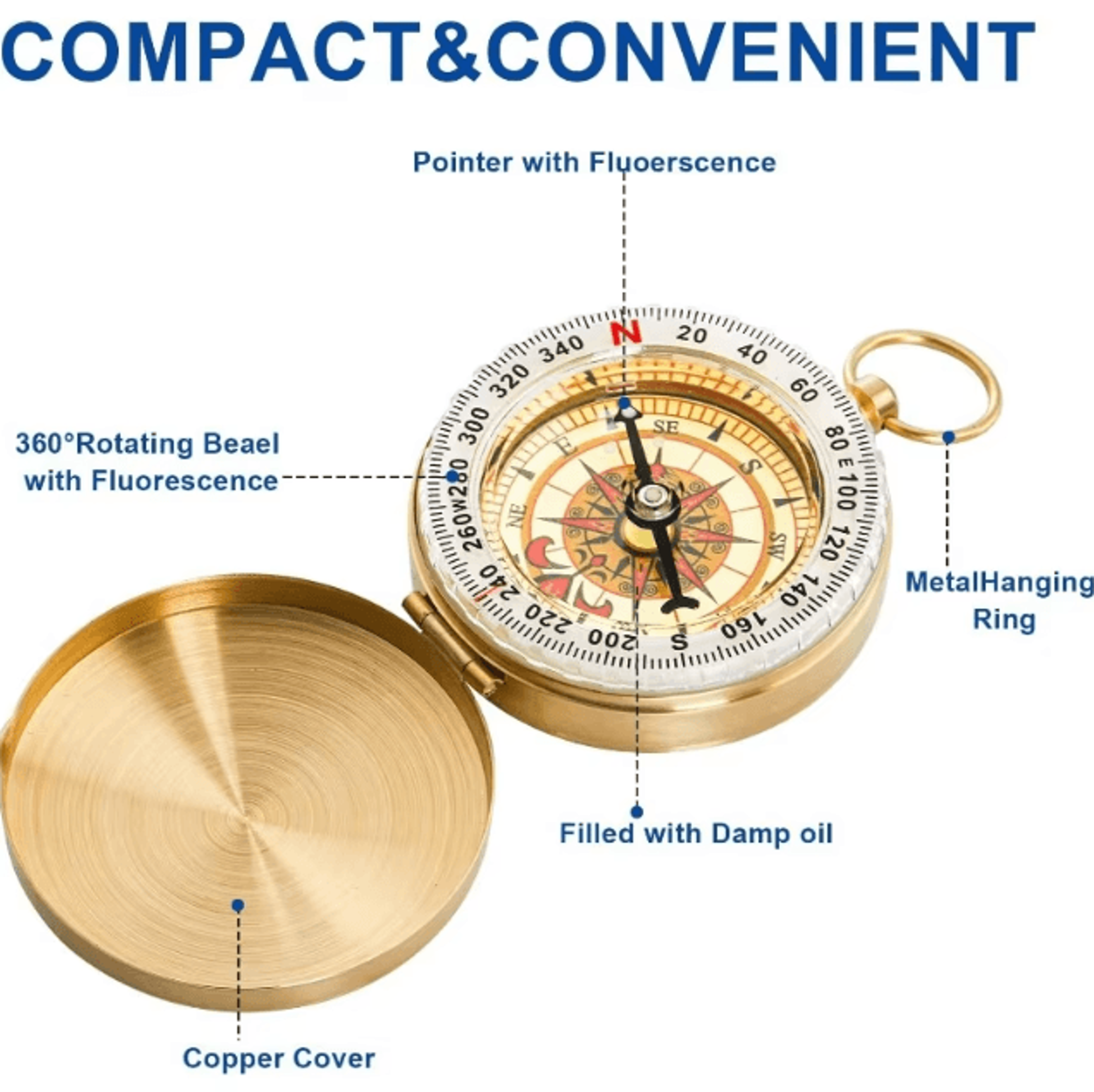 vintage copper camping survival compass – waterproof glow-in-the-dark pocket compass for hiking & outdoor navigation