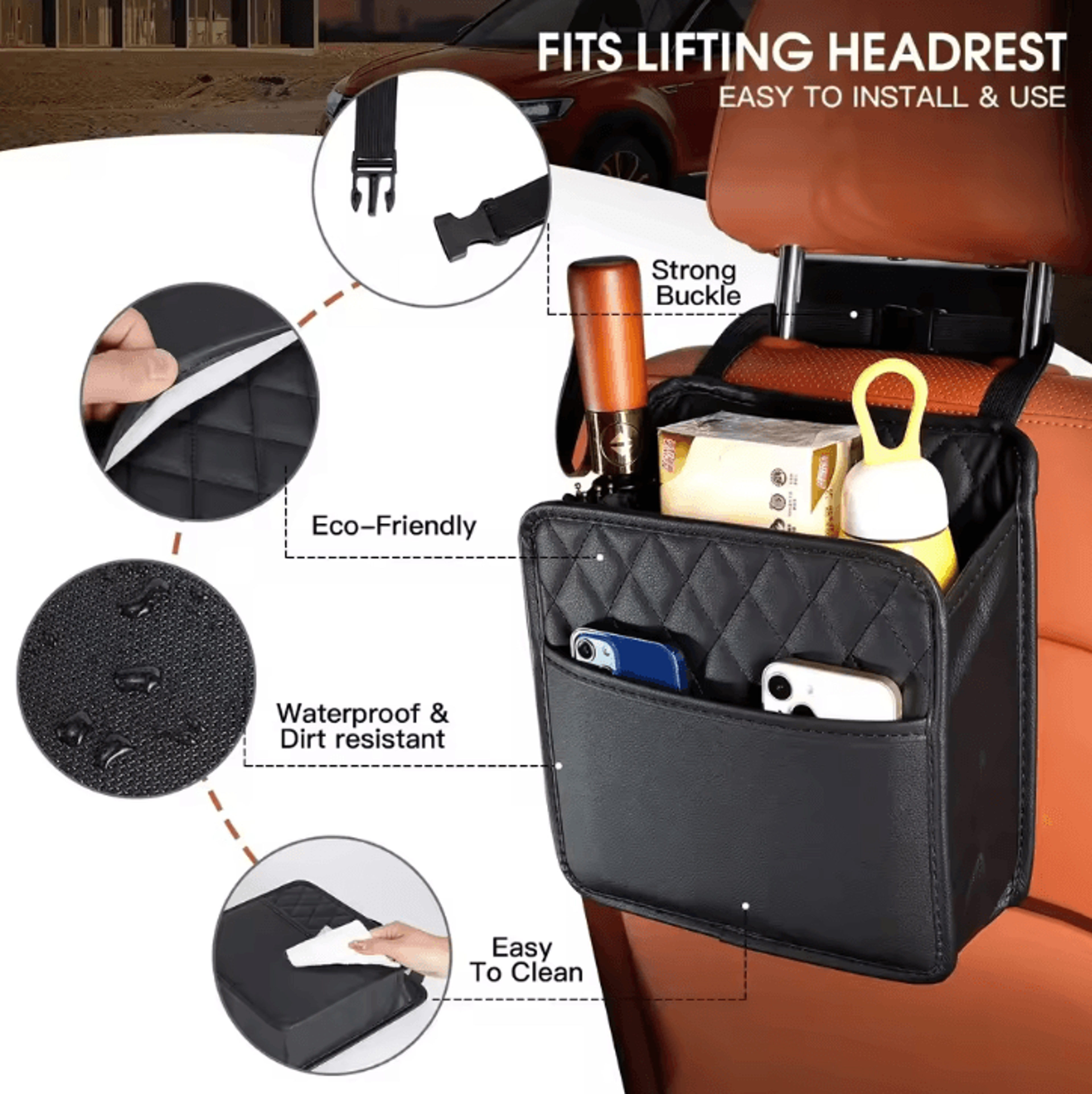 multifunction leather car seat back organizer hanging car trash bag storage pouch for vehicle interior storage