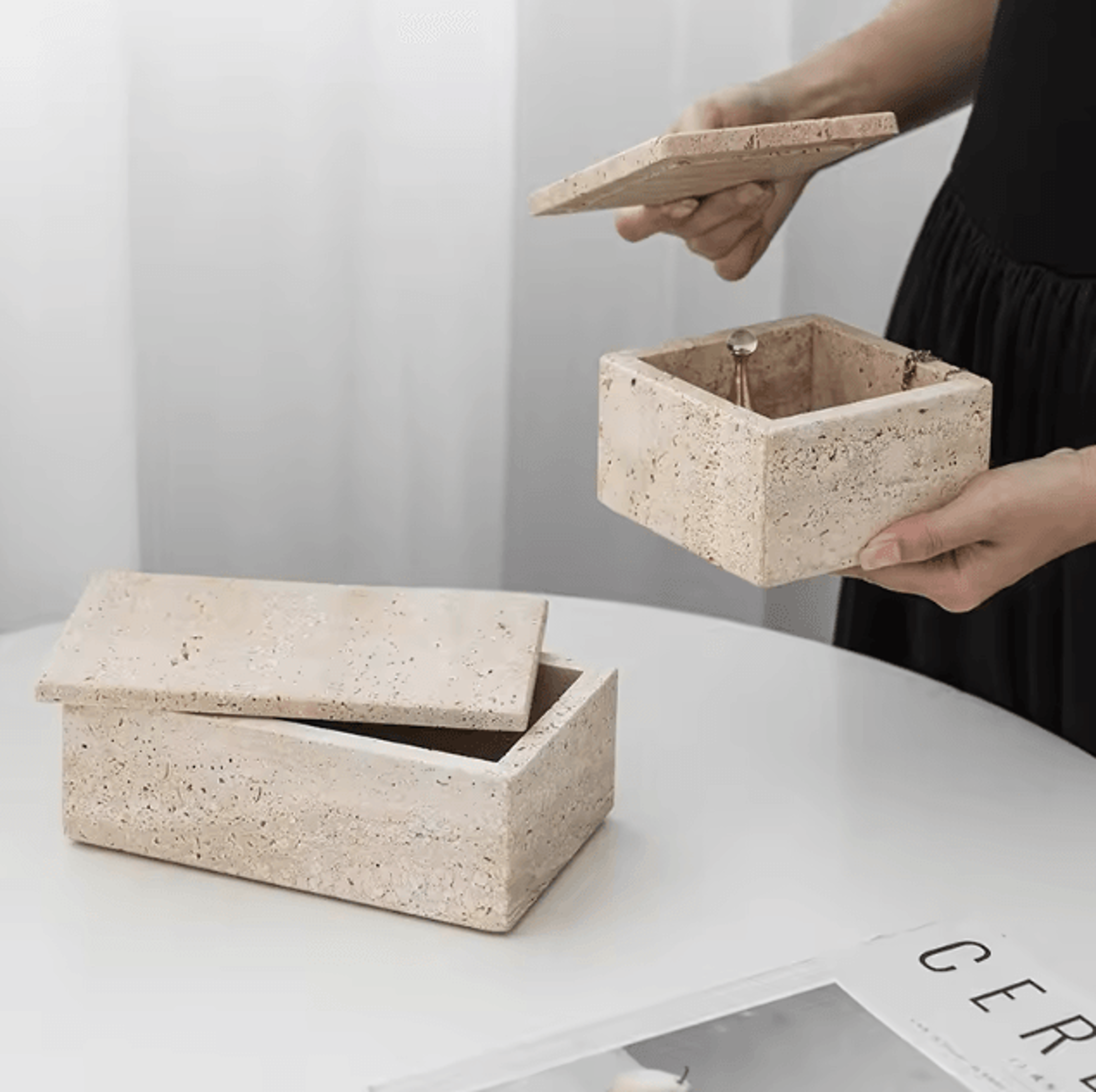 modern natural travertine storage box with lid – elegant desktop organizer & decor