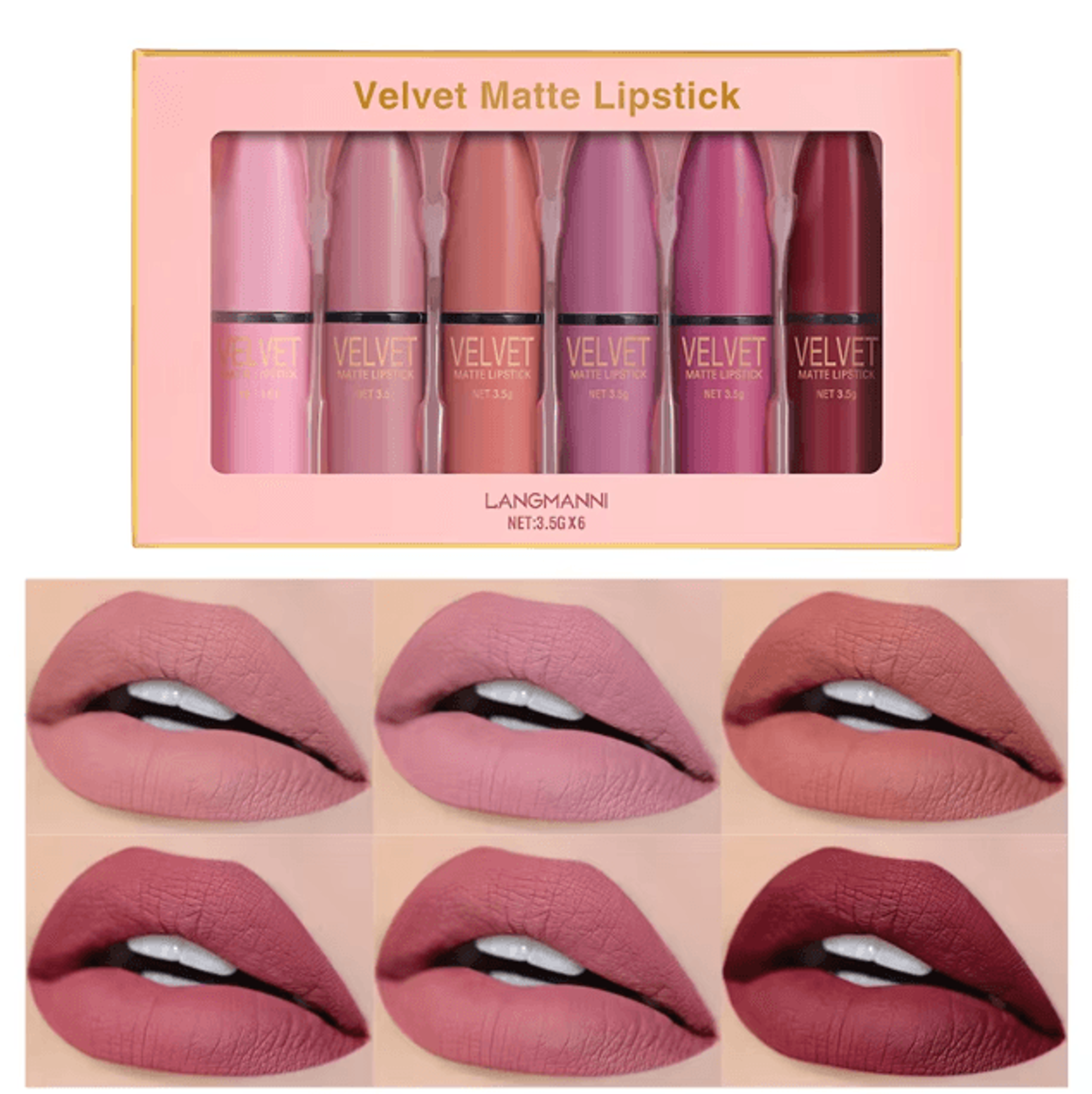 langmanni 6-color velvet matte lipstick set – waterproof long-lasting gift box lip collection