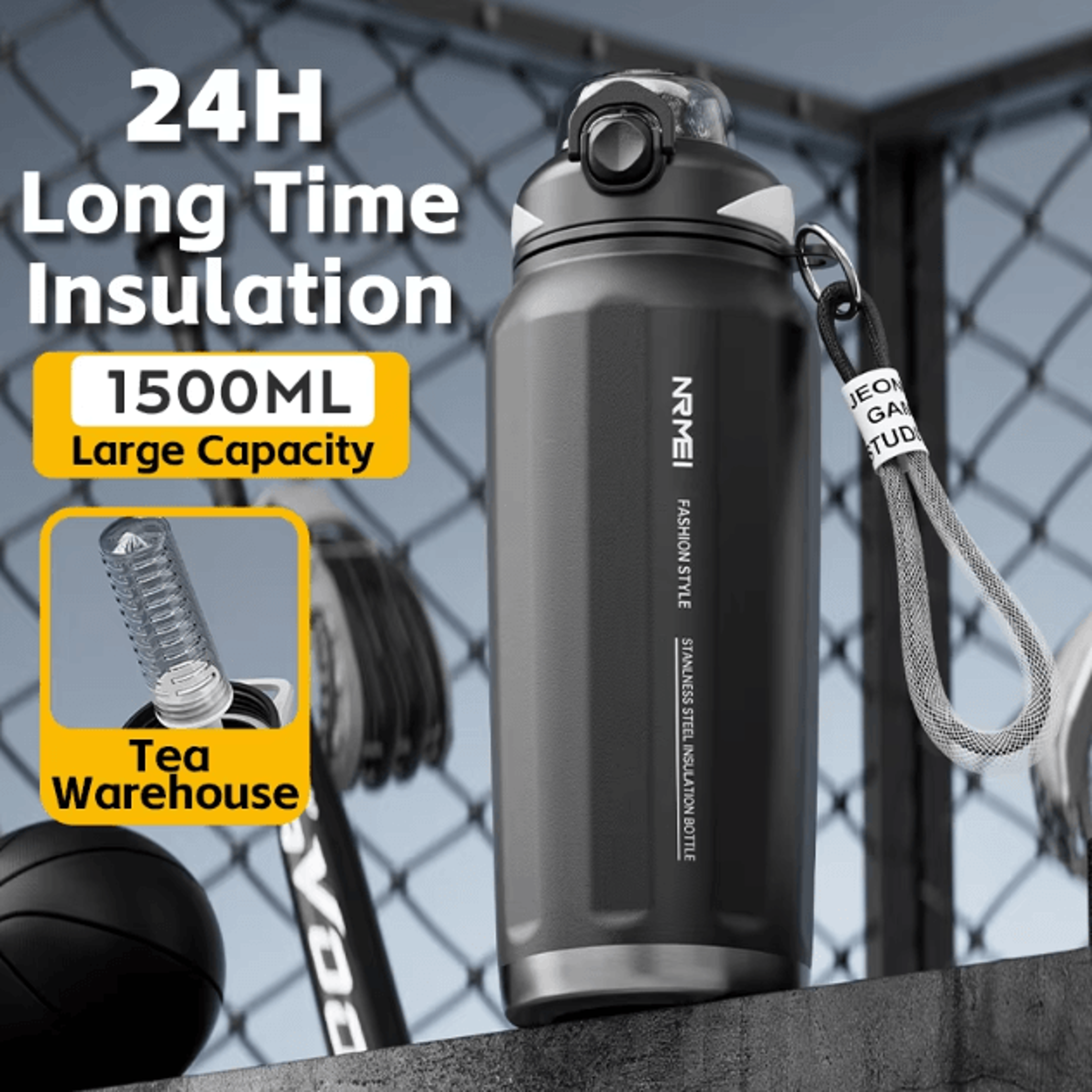 hydrocarry one-button thermos bottle – large capacity stainless steel vacuum flask with rope