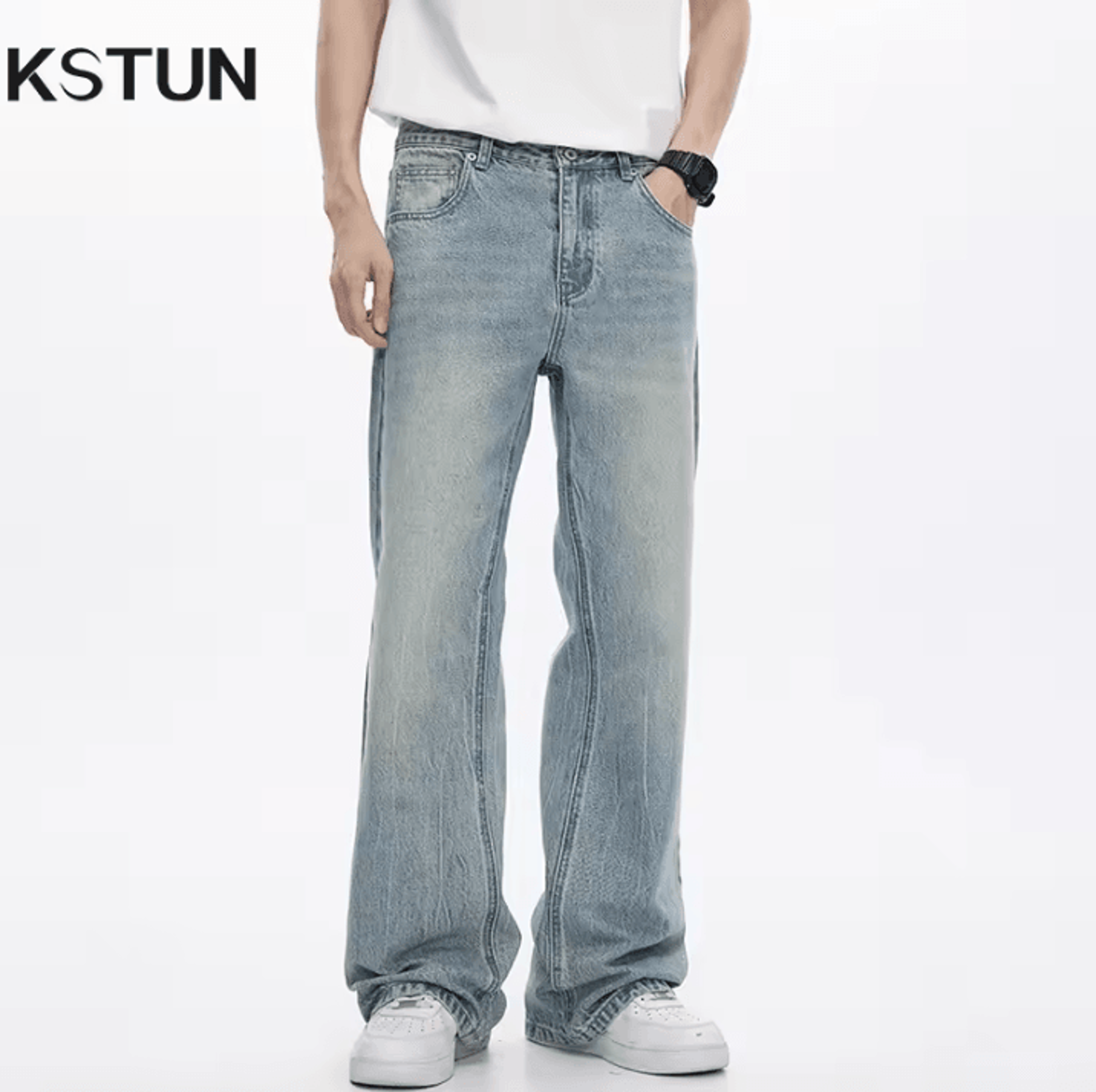 kstun mens flared bootcut jeans – light blue streetwear flare denim pants loose fit