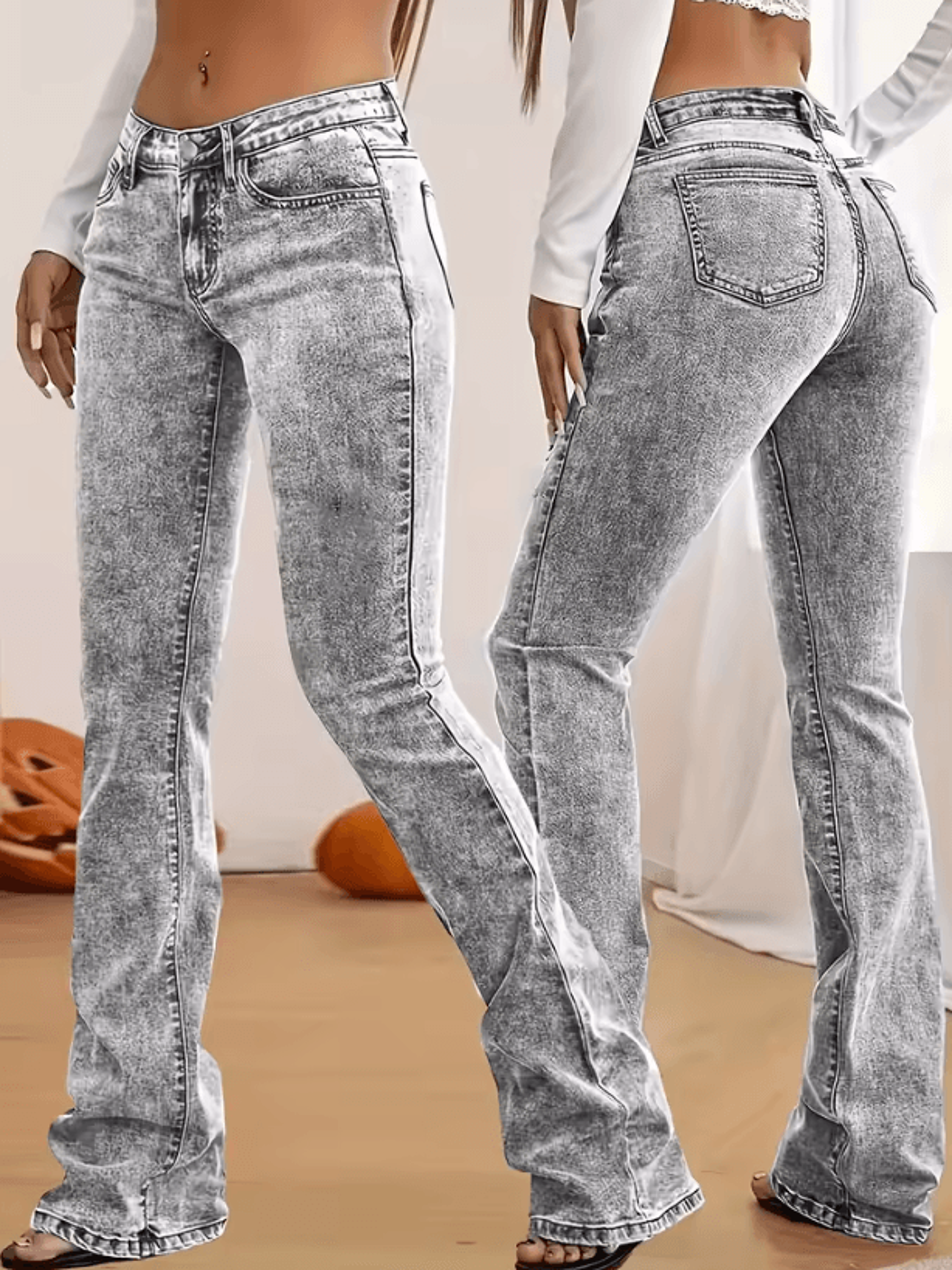 fashion women's gray low-rise slim fit bootcut jeans, y2k style, snow wash, streetwear elegant denim pants