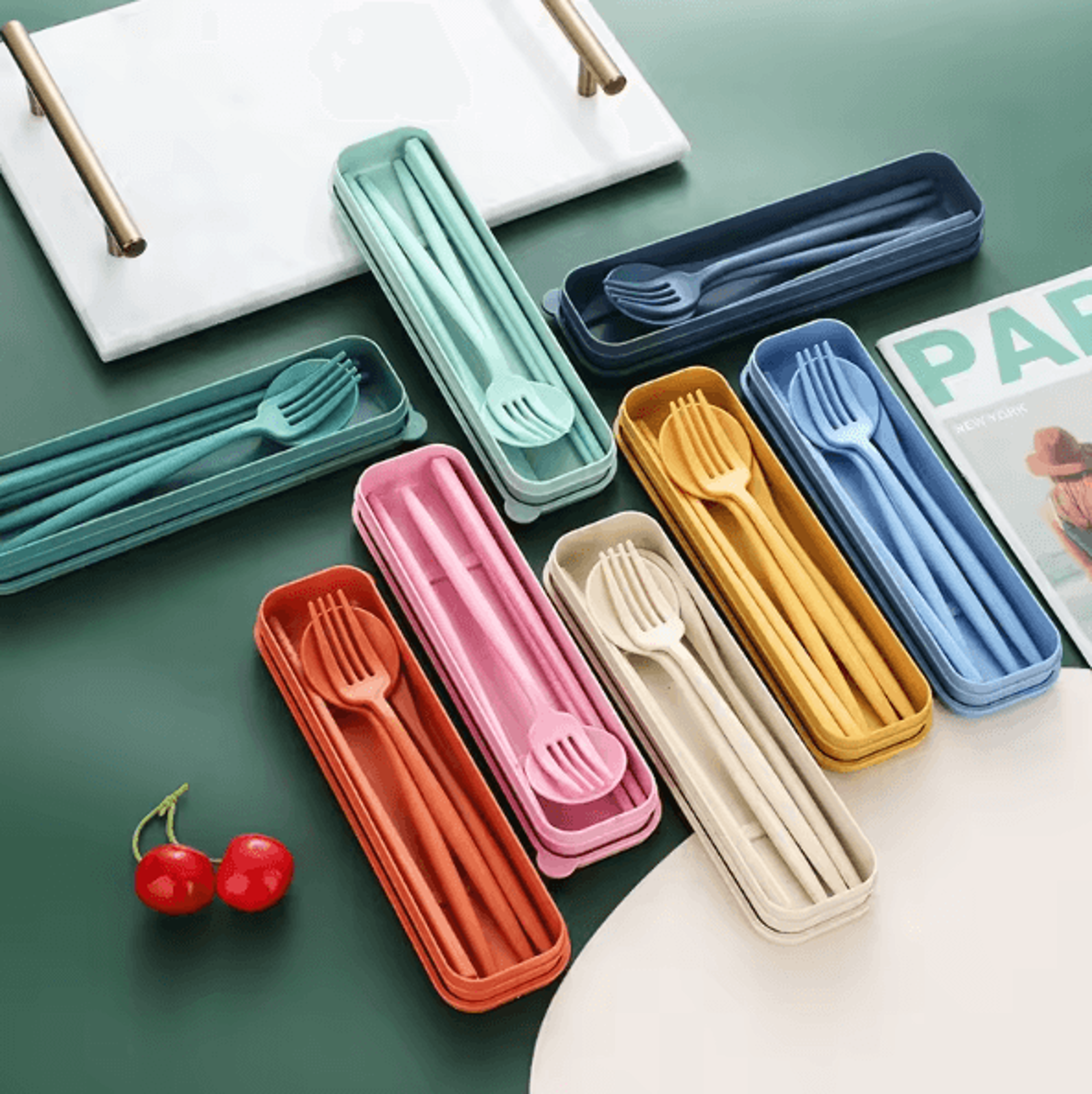 ecomeal portable wheat straw cutlery set – 4-piece reusable travel tableware set