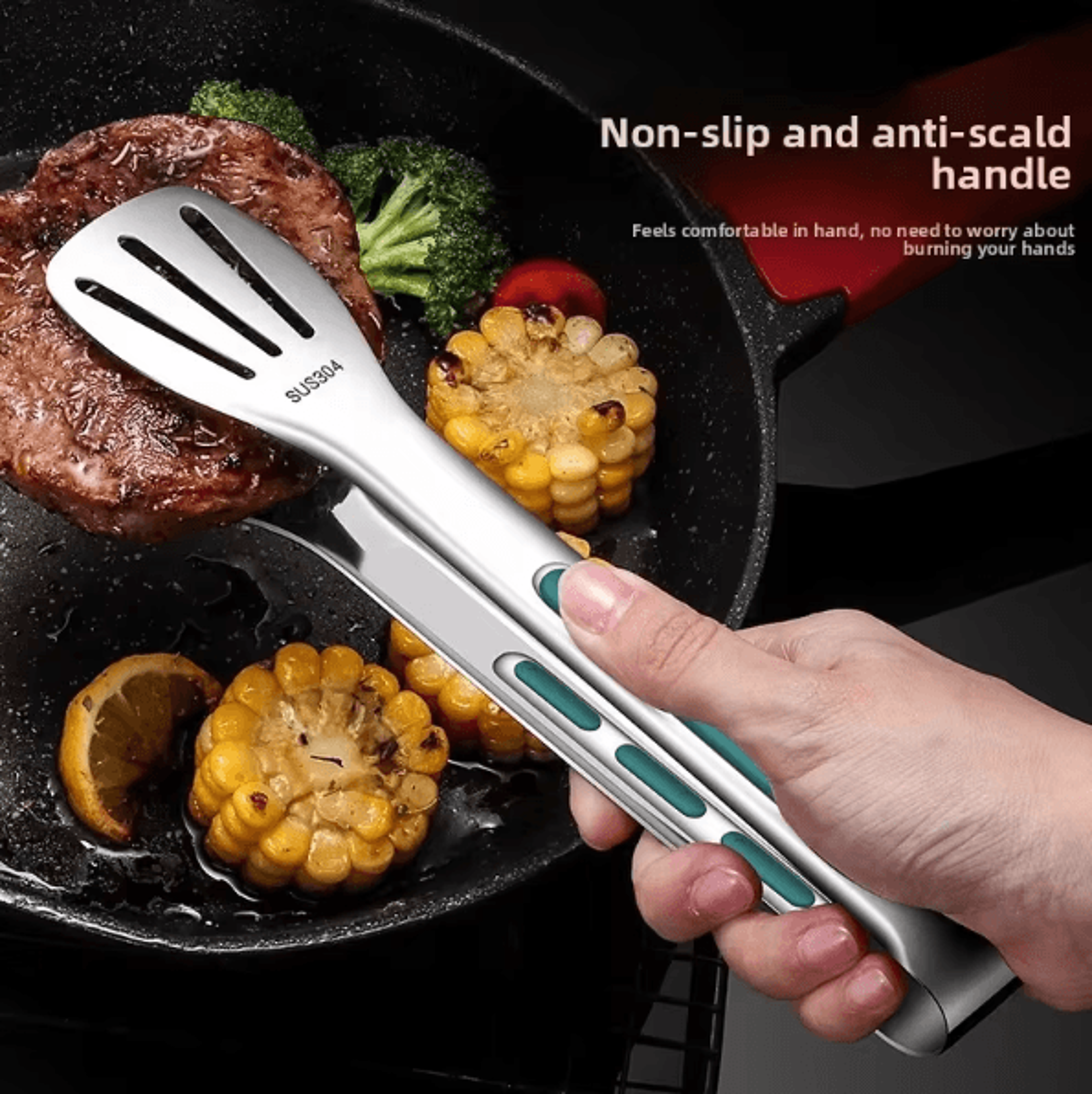 proserve stainless steel food tongs – heavy-duty bbq steak & buffet serving tongs