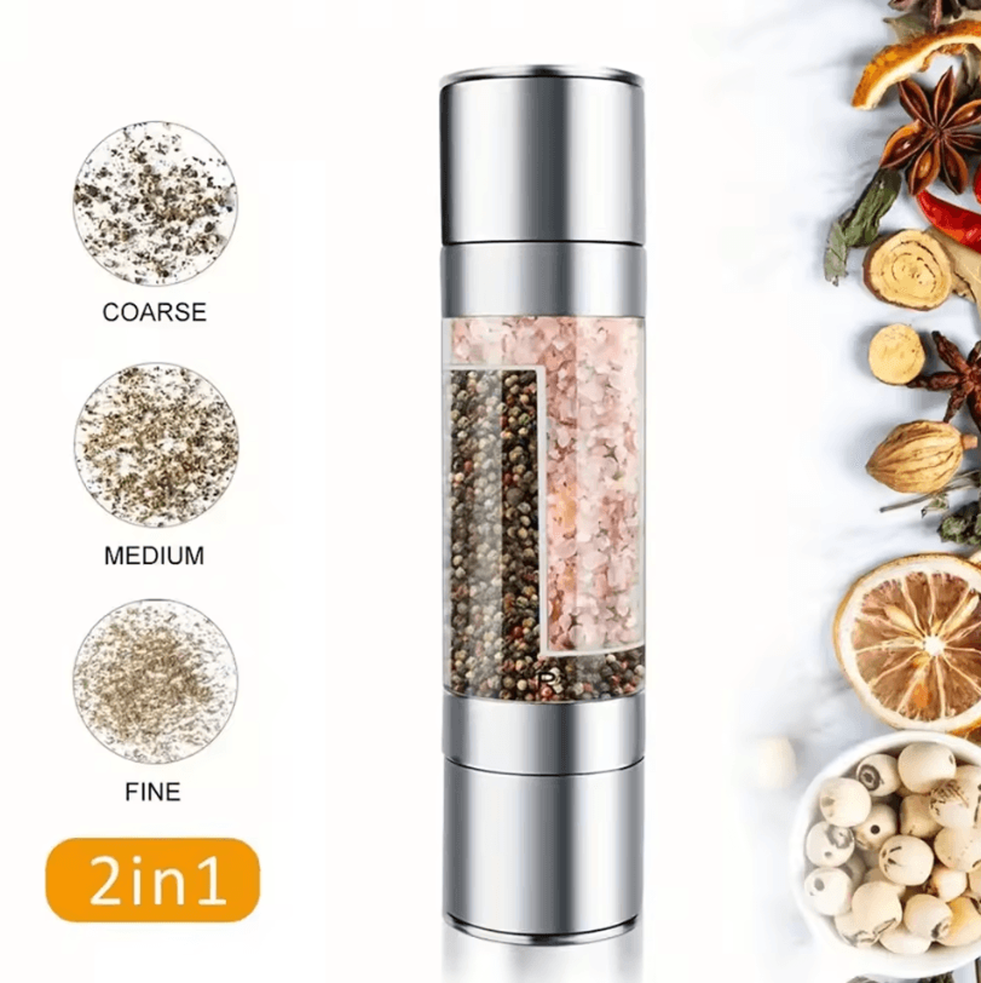 manual stainless steel salt and pepper grinder, adjustable ceramic grinding spice mill, kitchen tool, 2 in 1