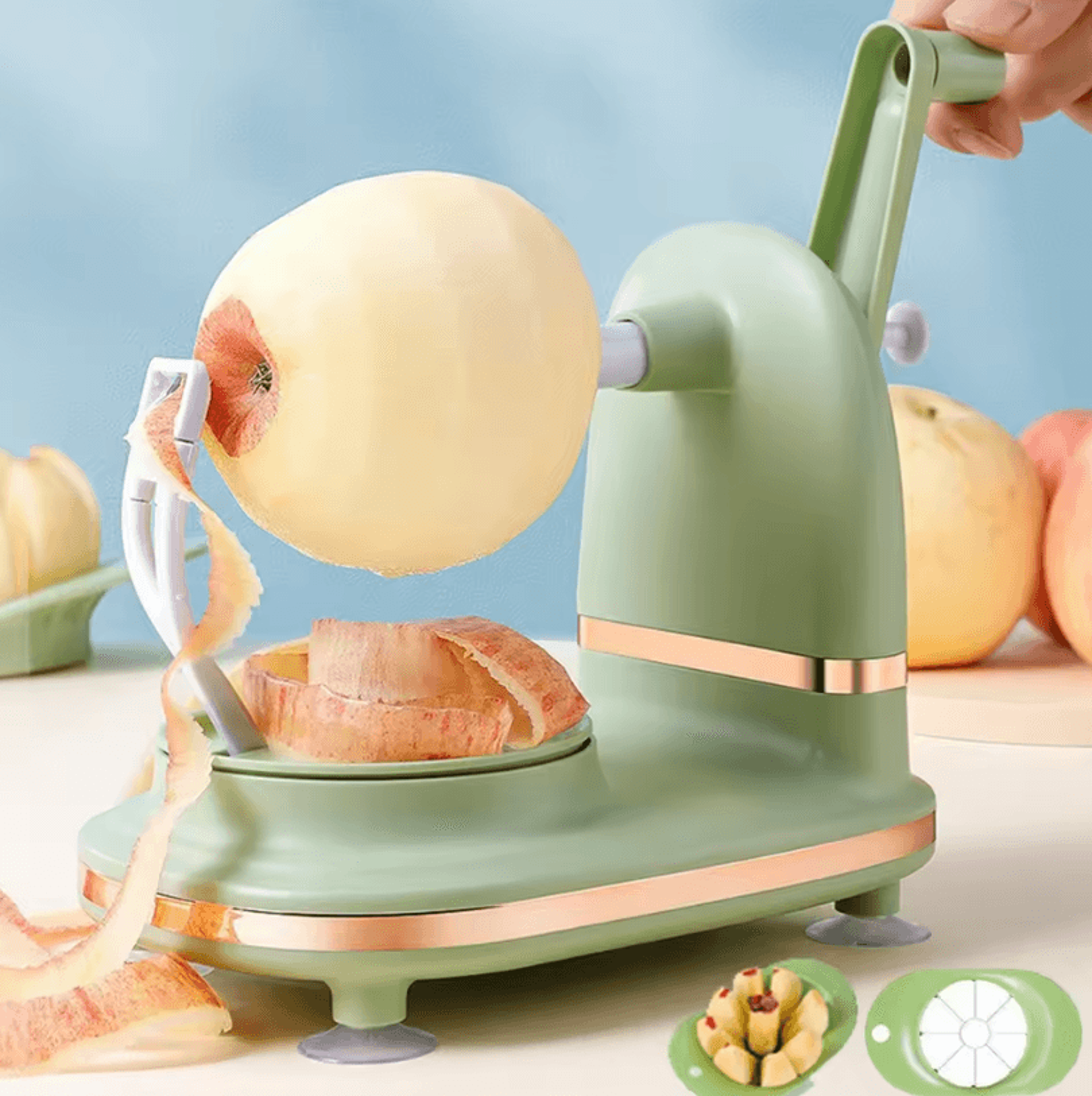 3-in-1 manual fruit peeler – hand crank apple peeler, corer & slicer with divider & spare blades