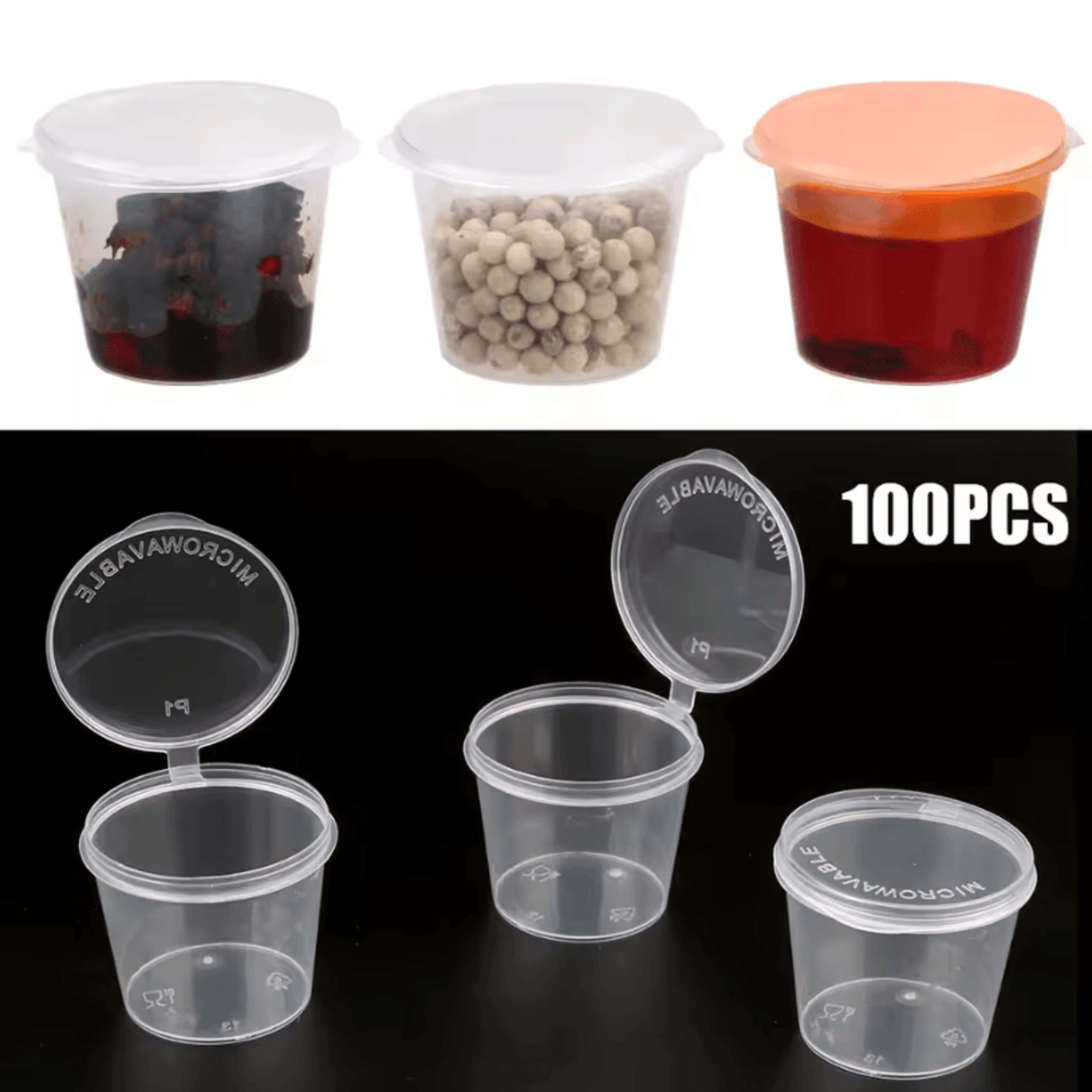 100pcs disposable sauce cups with lids – clear plastic portion cups for condiments & food storage
