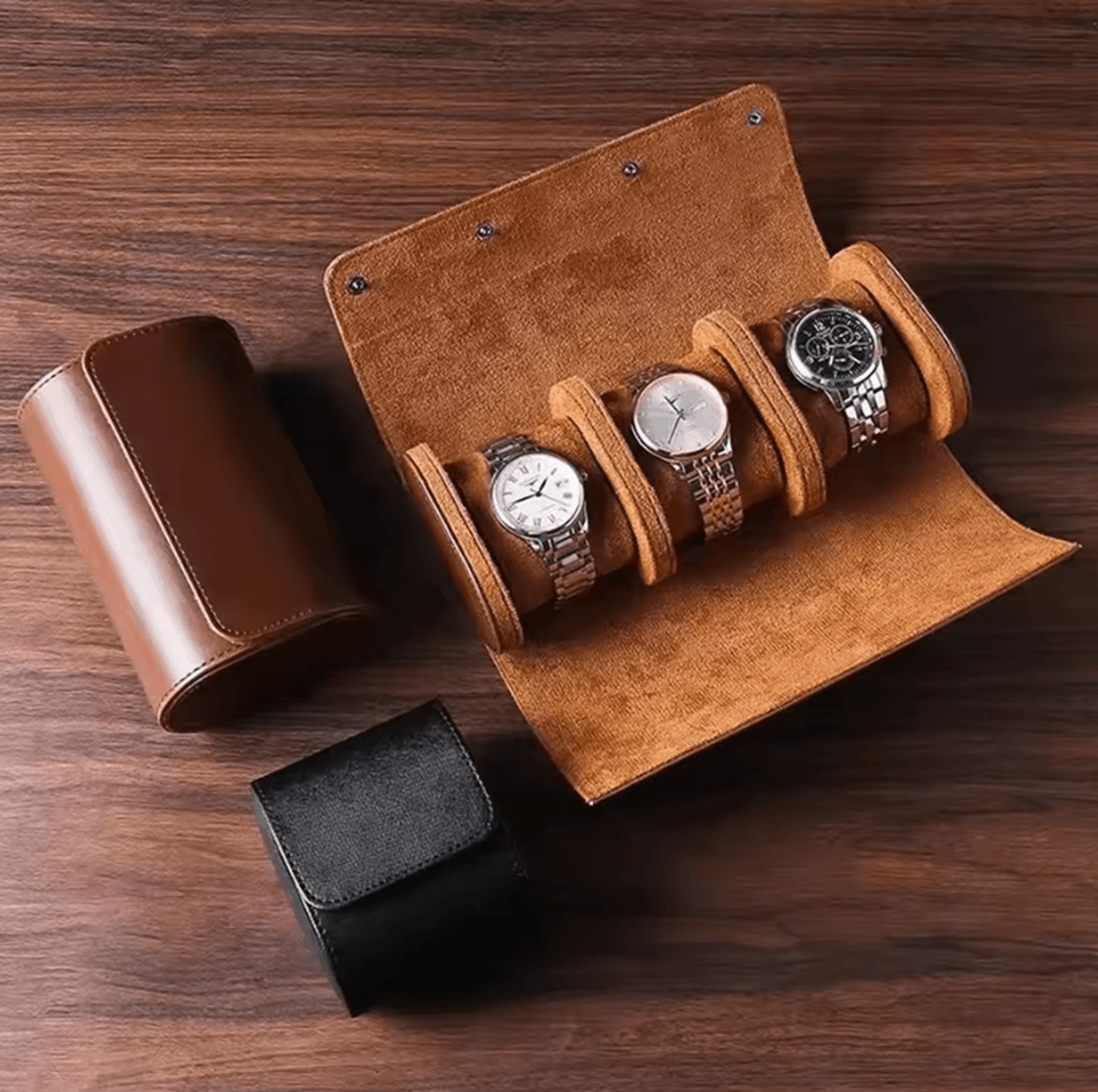3-slot watch roll travel case – portable watch organizer with removable pillows