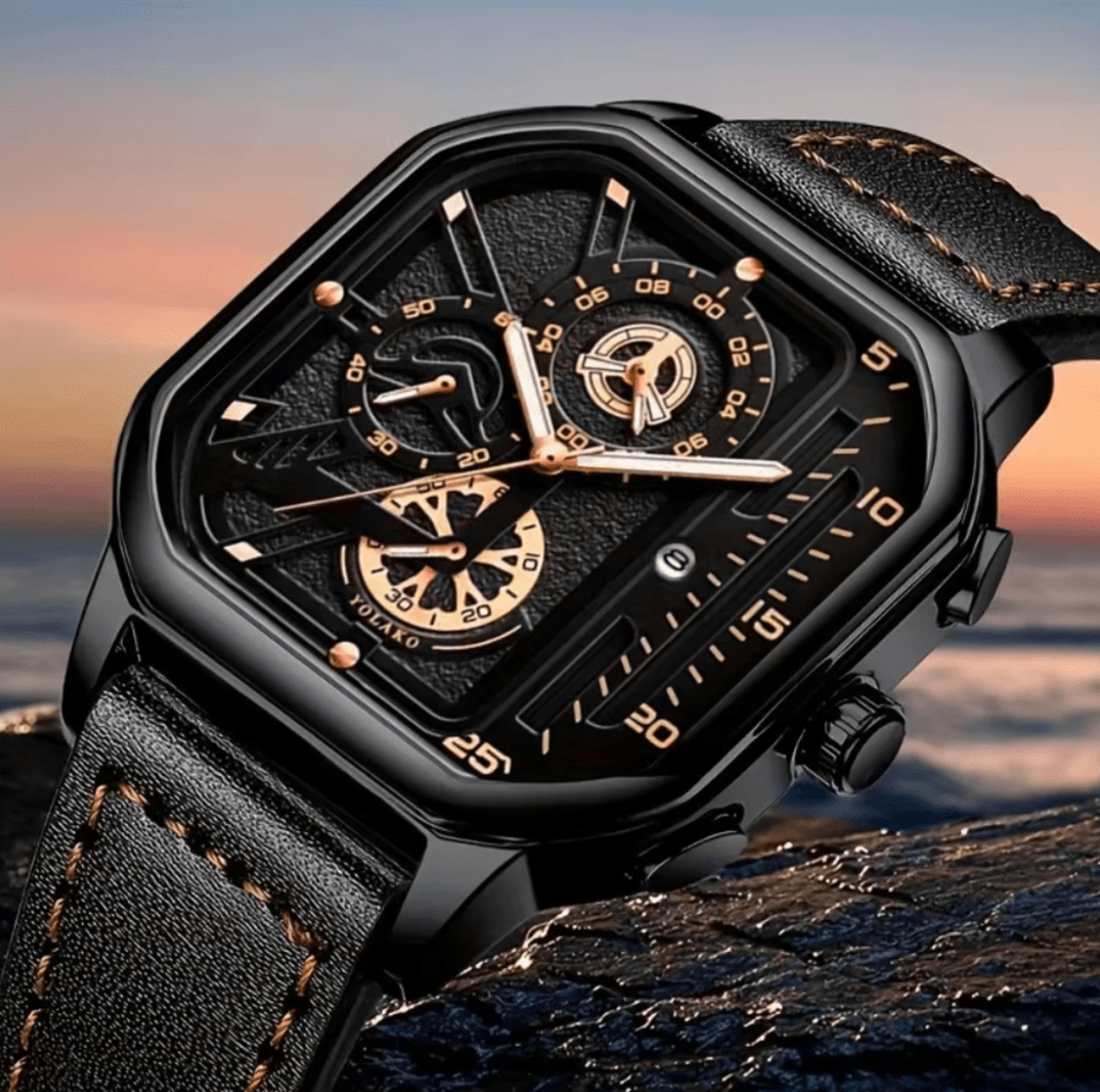mens square big dial watch pu leather strap quartz casual sports wristwatch