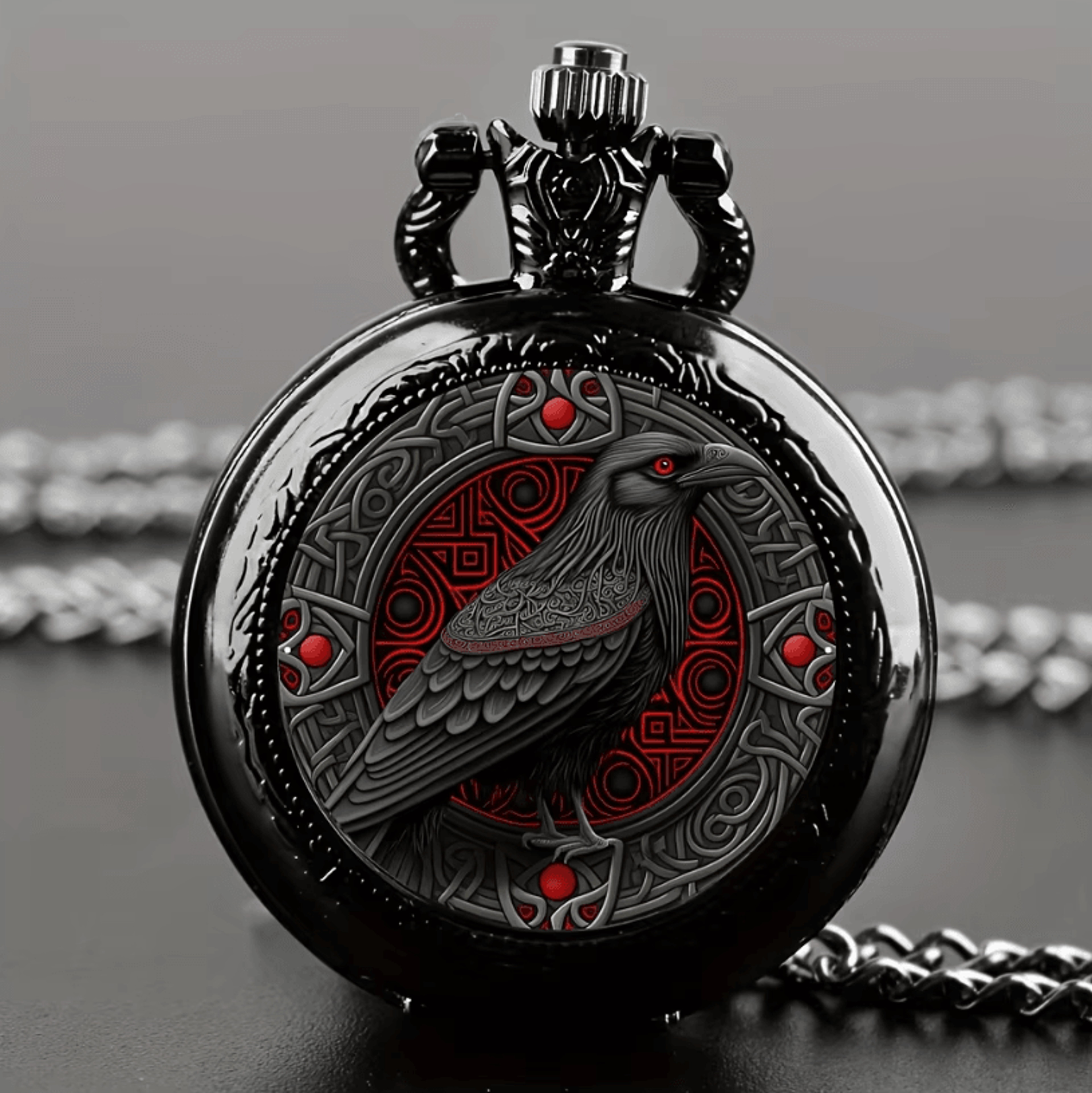 gothic raven pocket watch necklace quartz vintage black alloy pendant watch