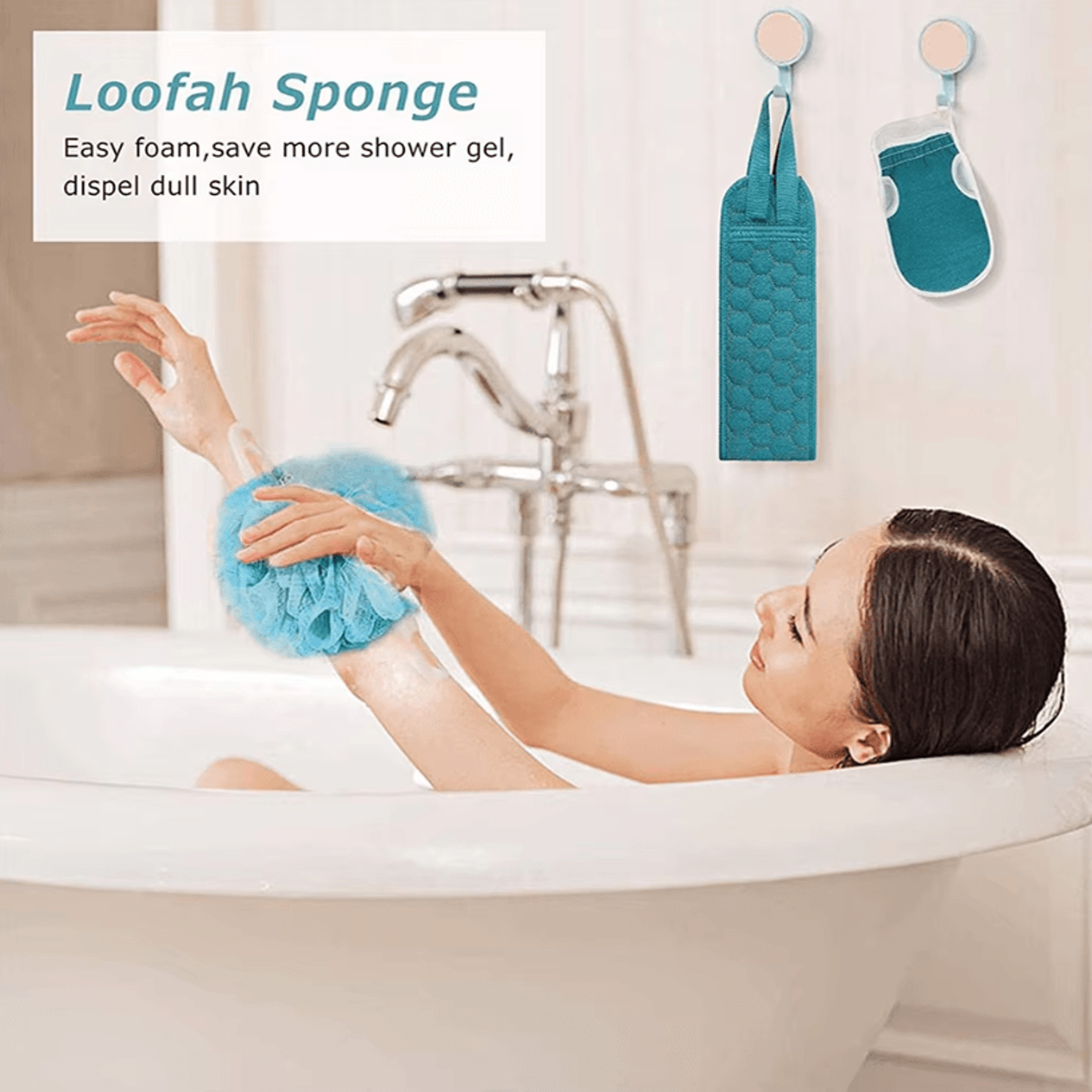 3-in-1 exfoliating body scrubber set – back scrubber, bath glove & loofah sponge