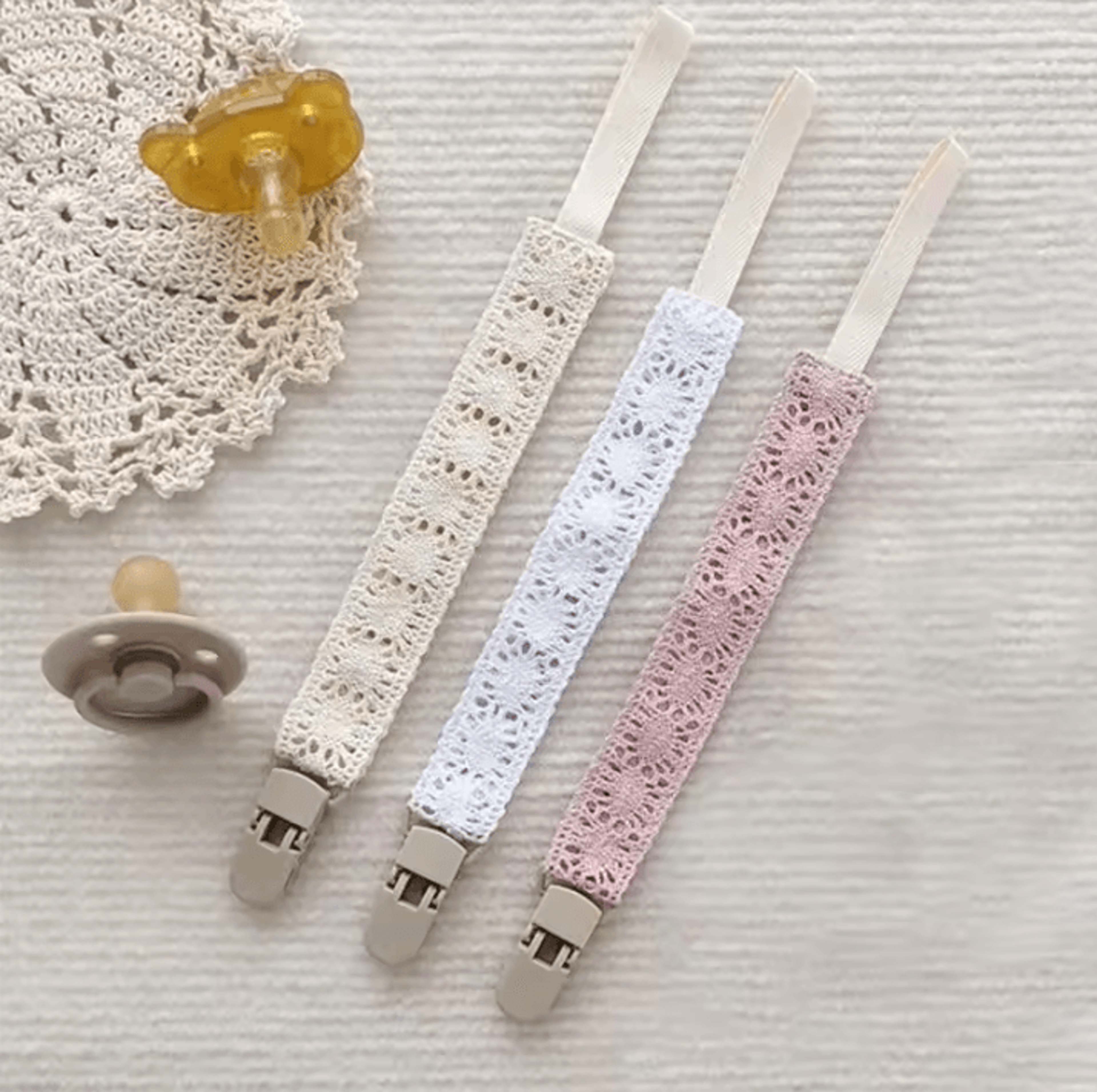 elegant lace pacifier clip chain for secure & stylish baby essentials