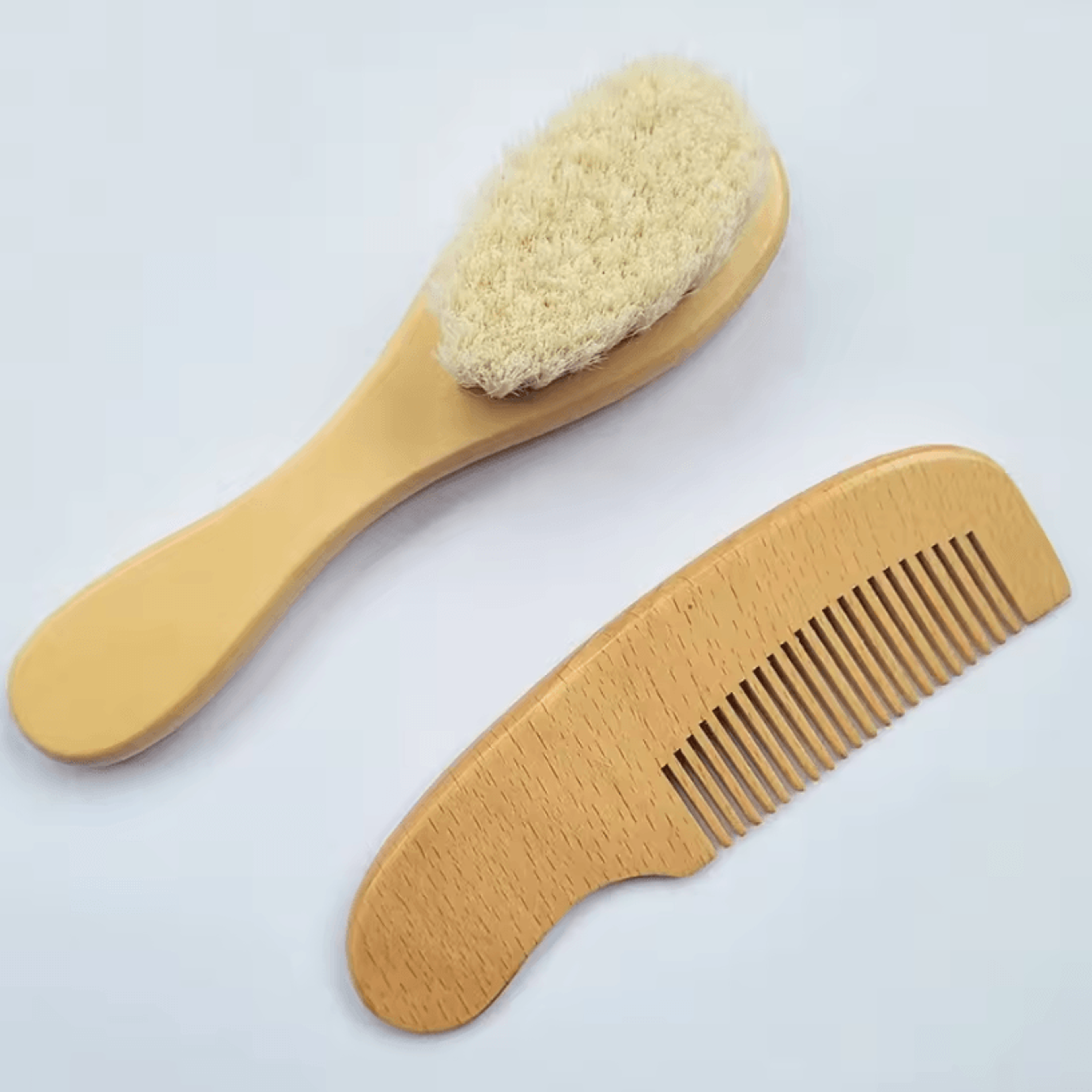 2pcs natural wooden baby hair brush & comb set with soft wool bristles