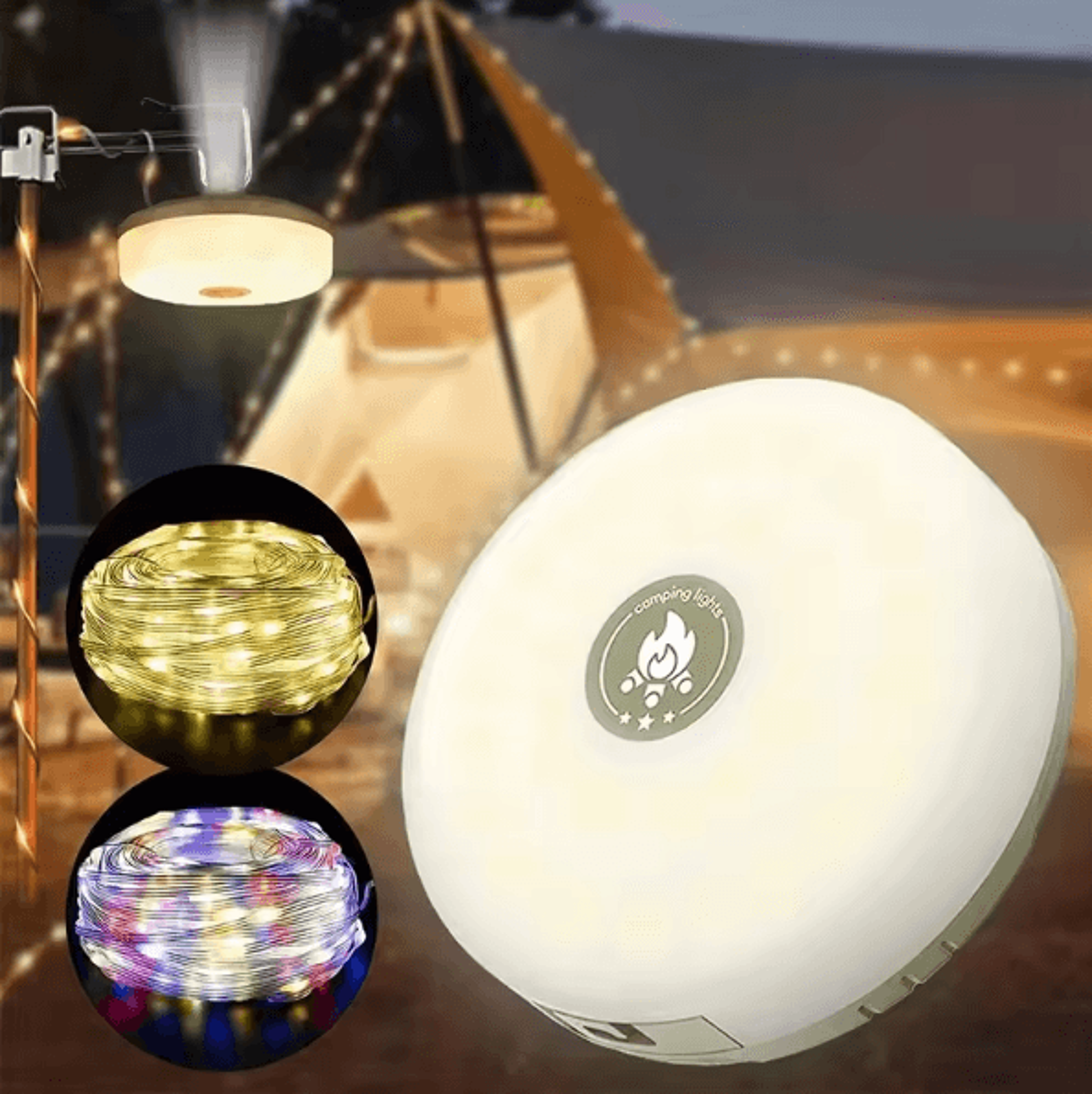 4-in-1 led camping string lights with retractable reel & usb recharge