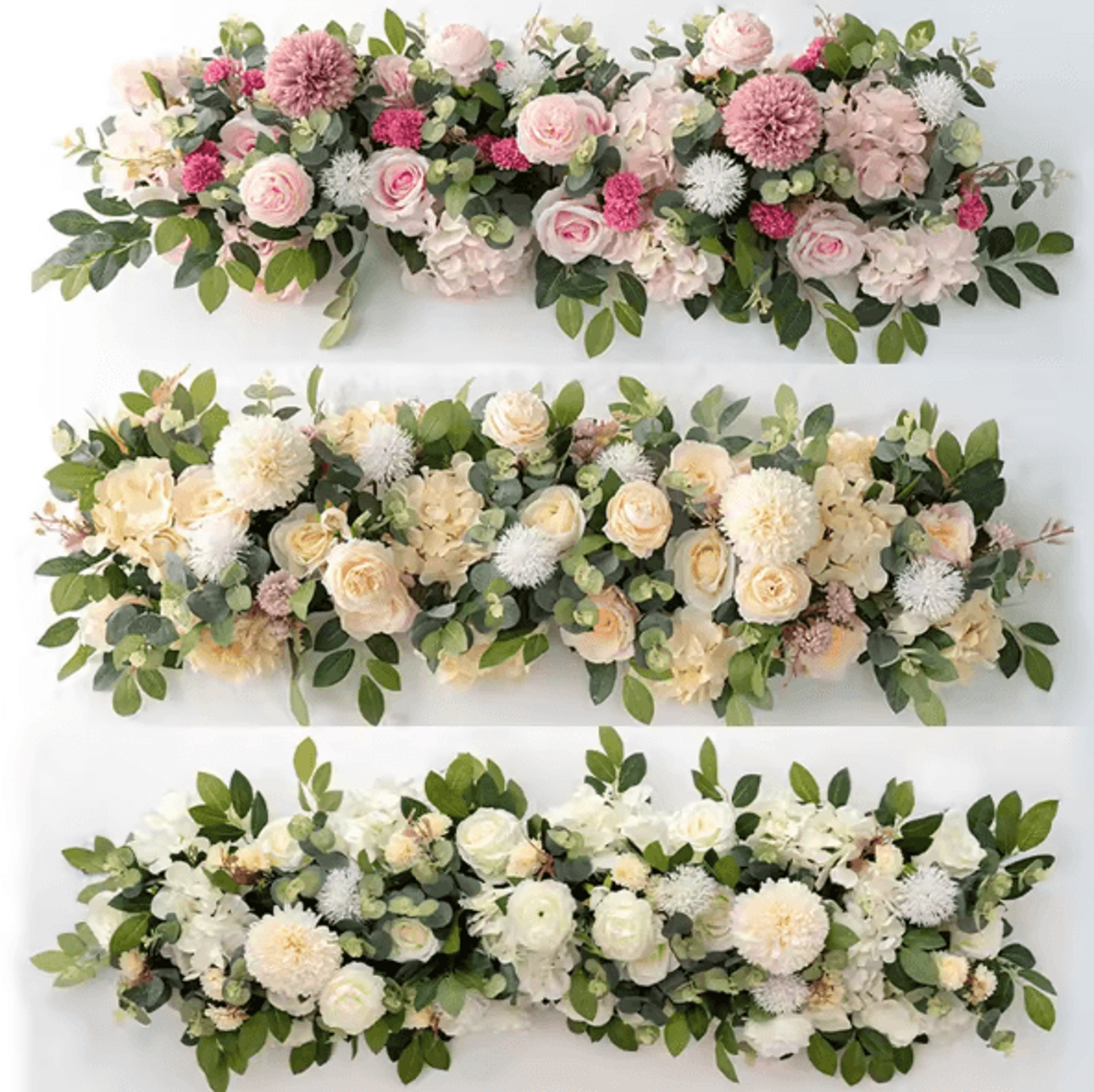 luxury white rose & pampas grass flower row for elegant wedding decor