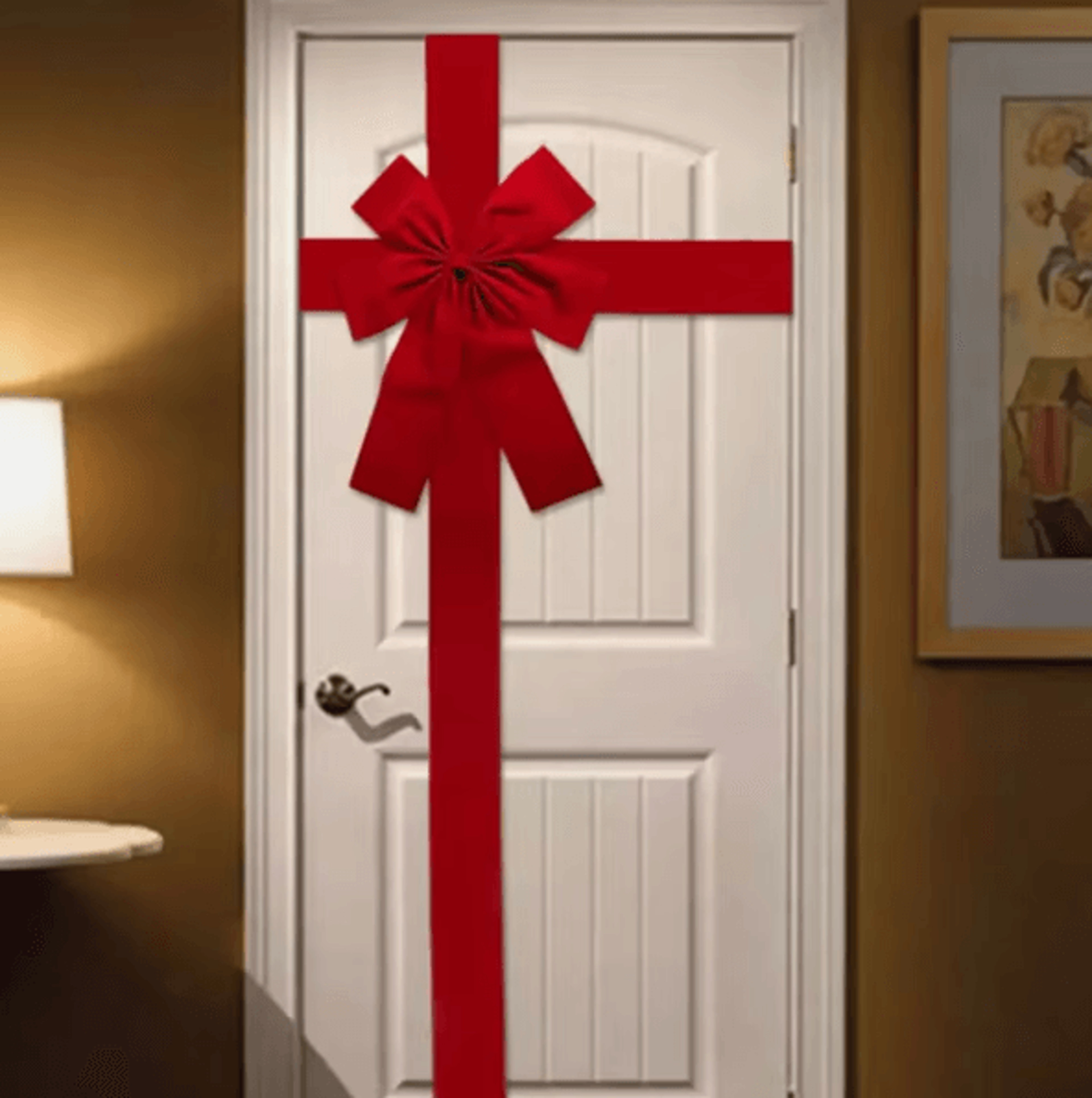 large christmas door bow with linen ribbon for festive entryway decor