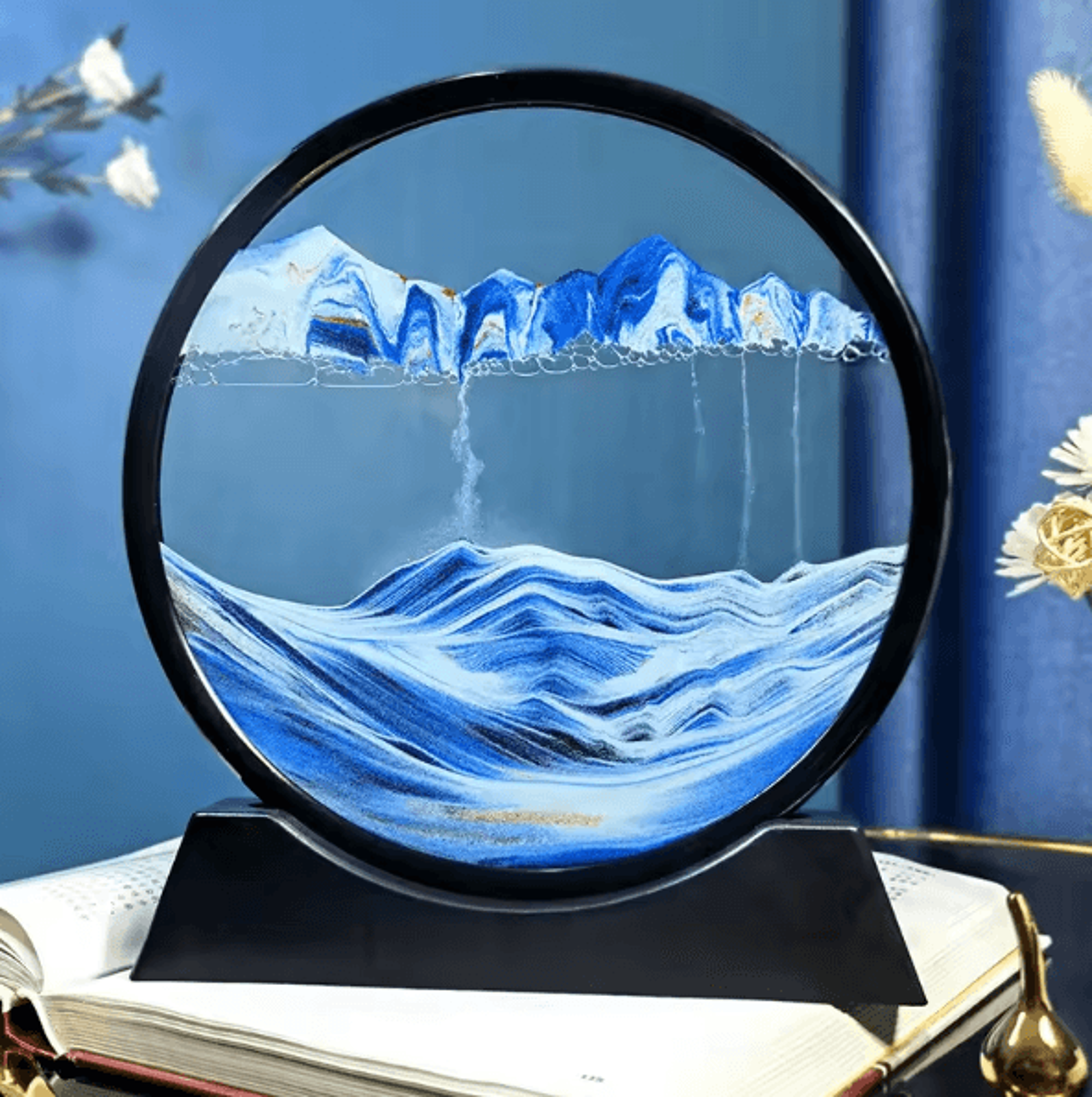 12-inch 3d moving sand art picture – round glass flowing sandscape decor