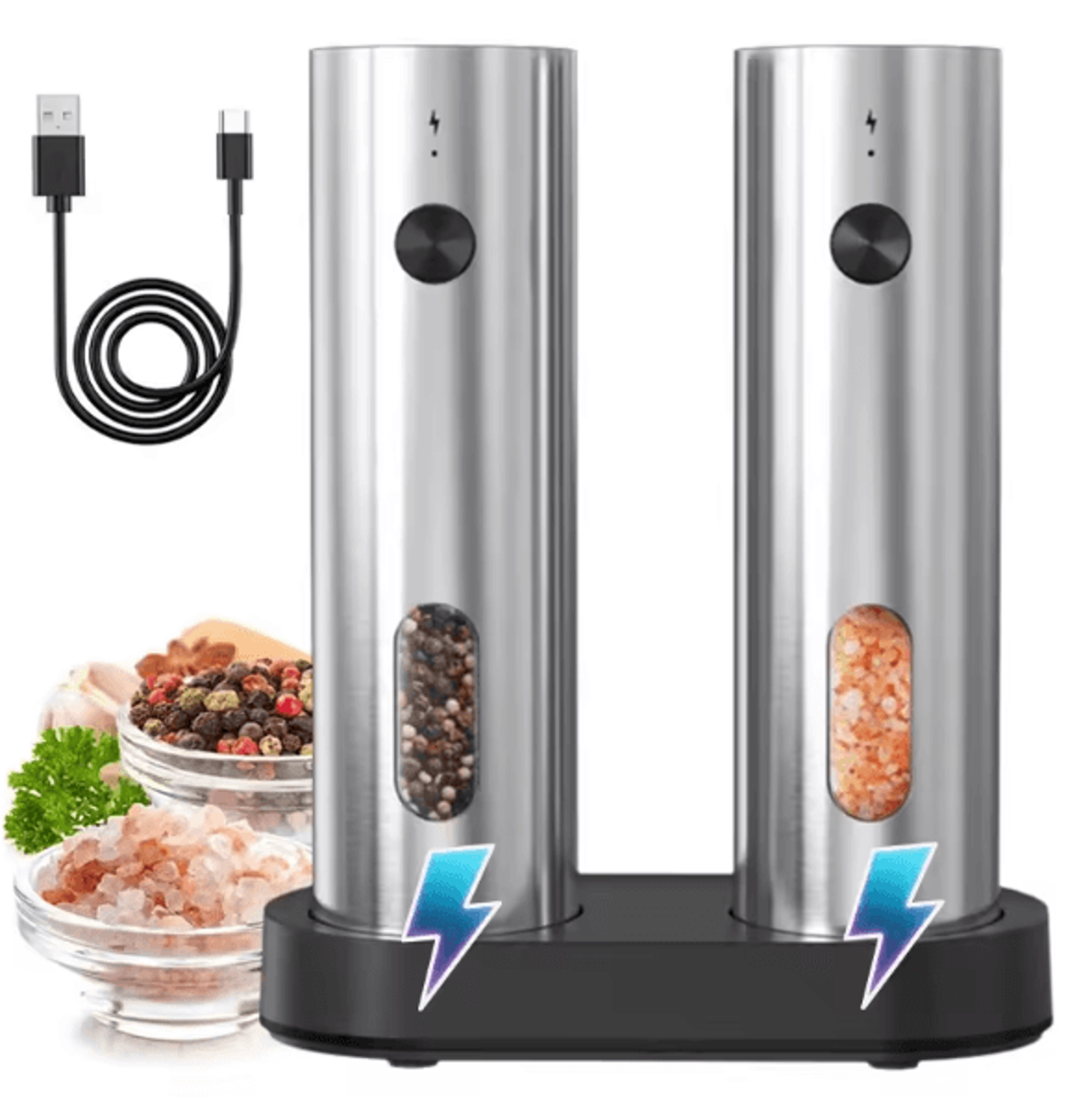 grindelite 110ml usb-c electric salt & pepper grinder set with led indicator