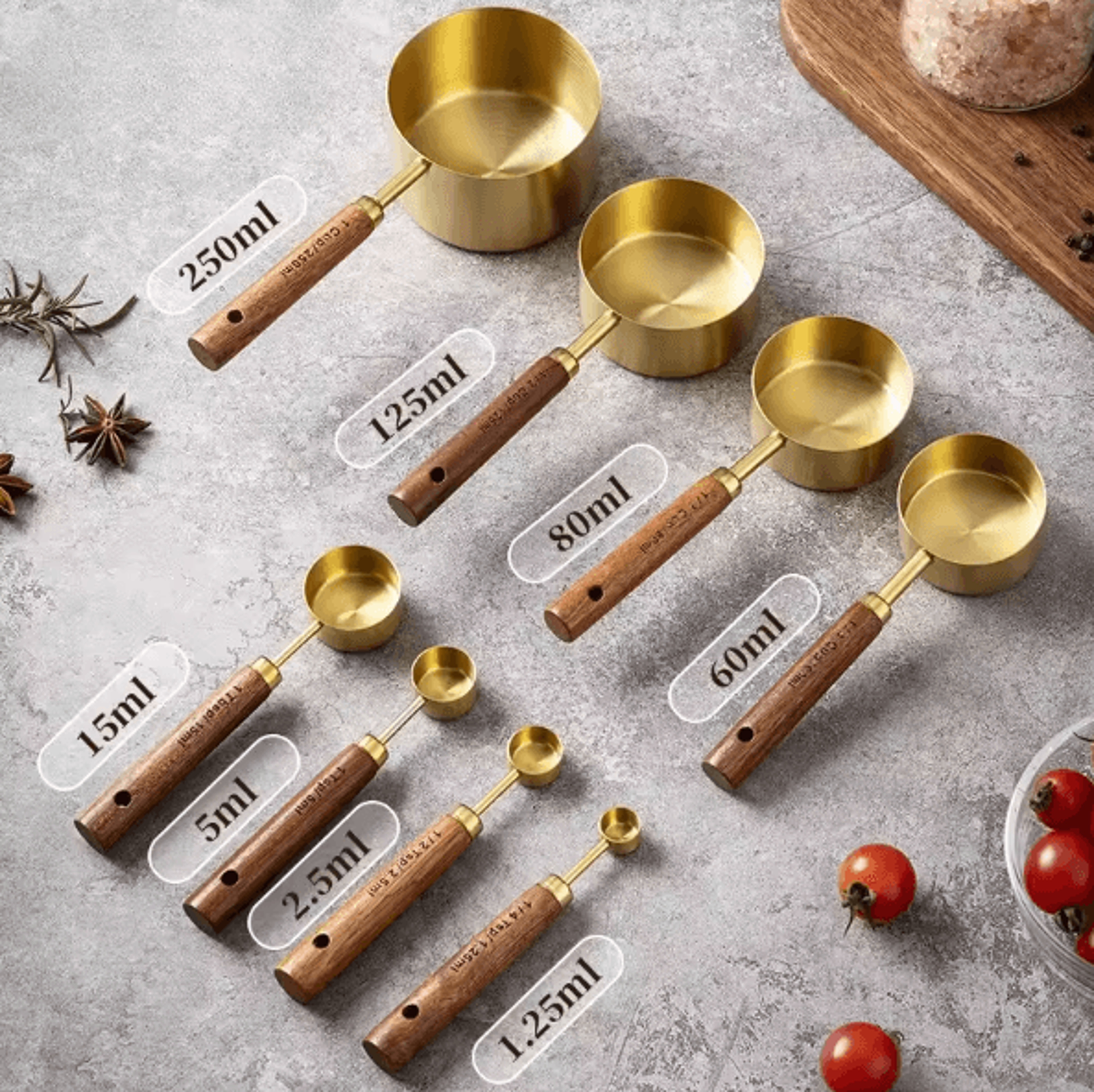 baristacraft 8-piece stainless steel measuring cups & spoons with wooden handles