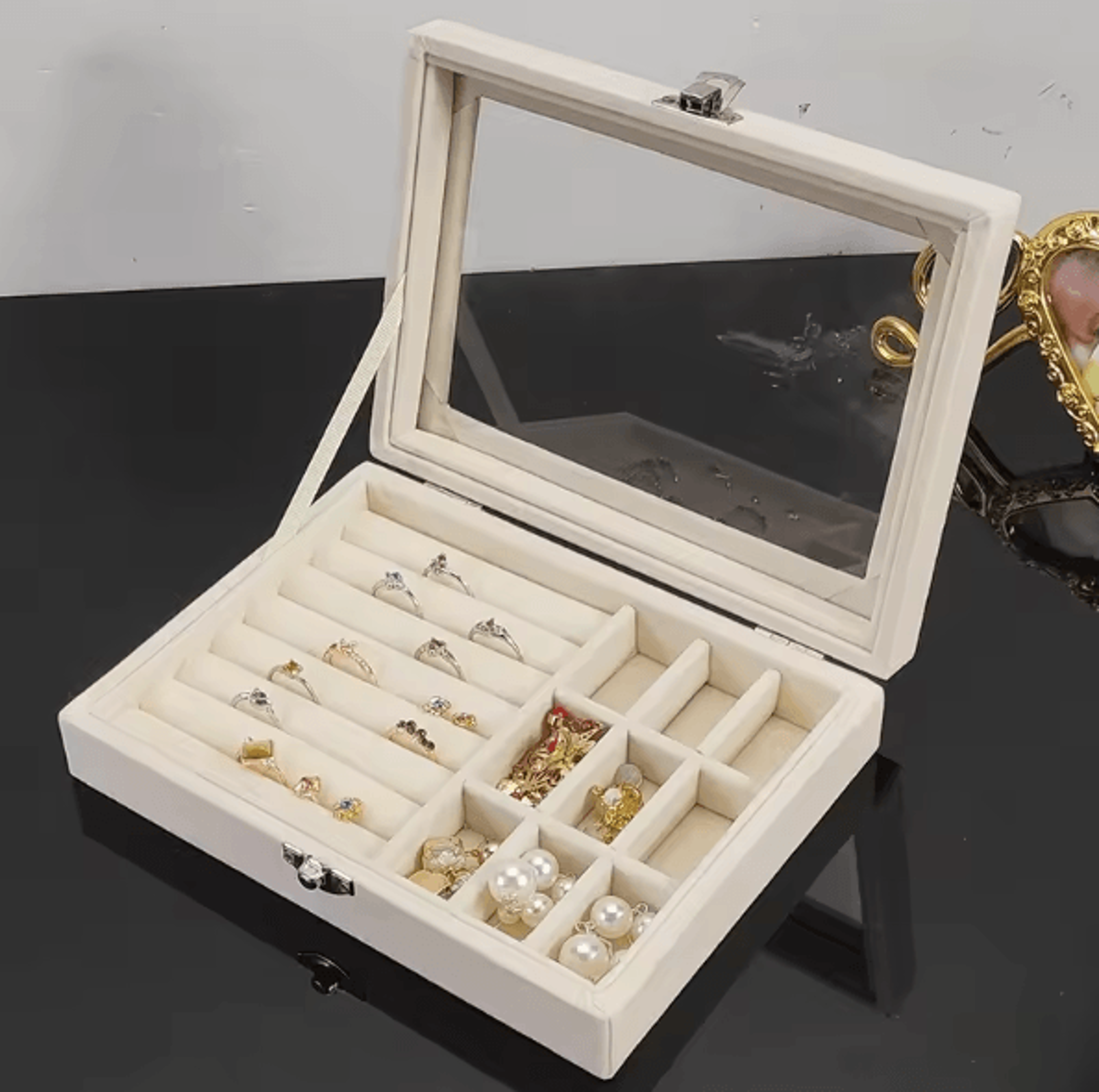 clearview transparent jewelry organizer box with flip lid multi-compartment earring ring necklace storage dustproof