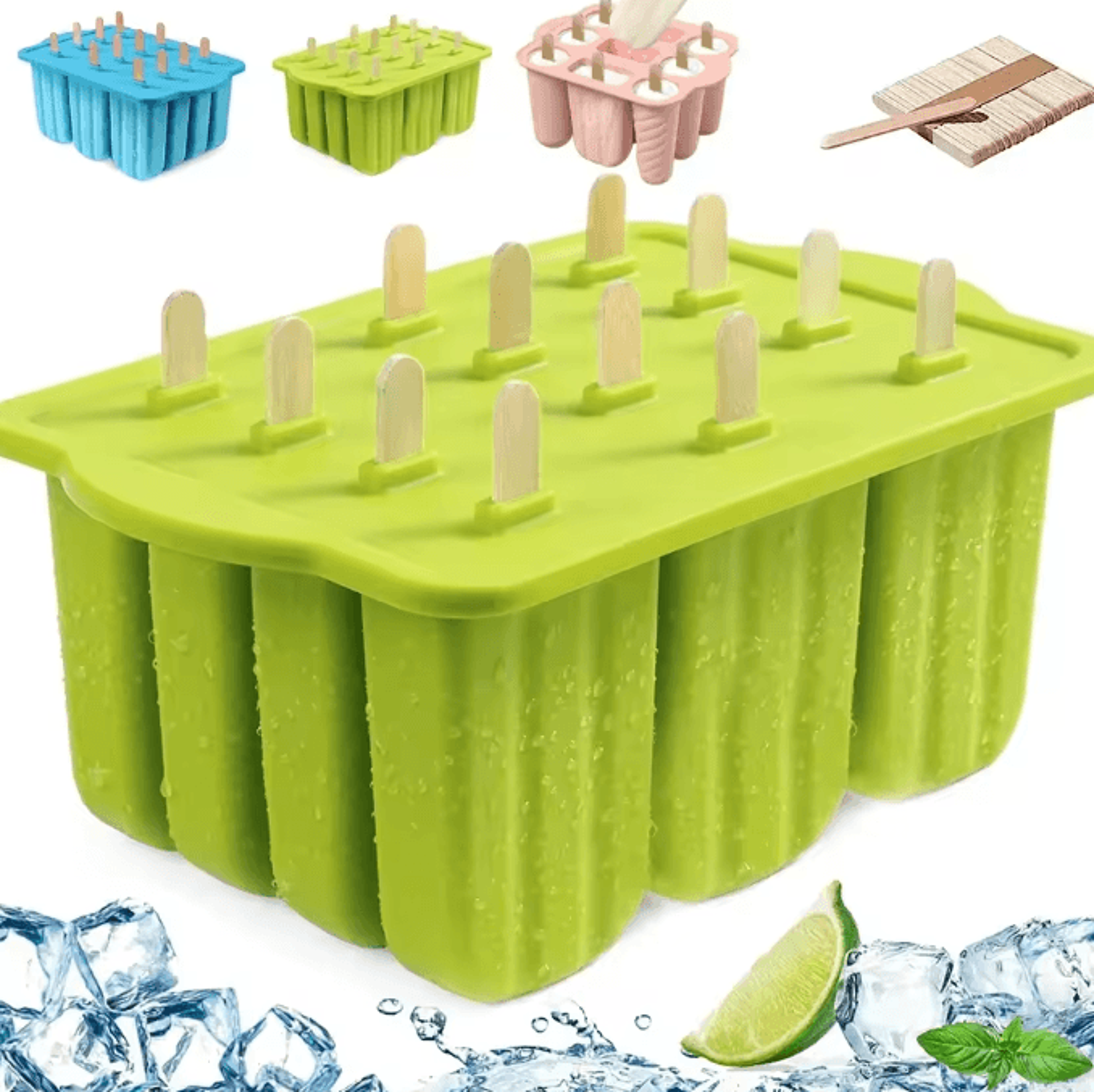 frostfun 12-cavity silicone popsicle molds set with 50 sticks bpa-free ice pop maker for kids & homemade frozen treats
