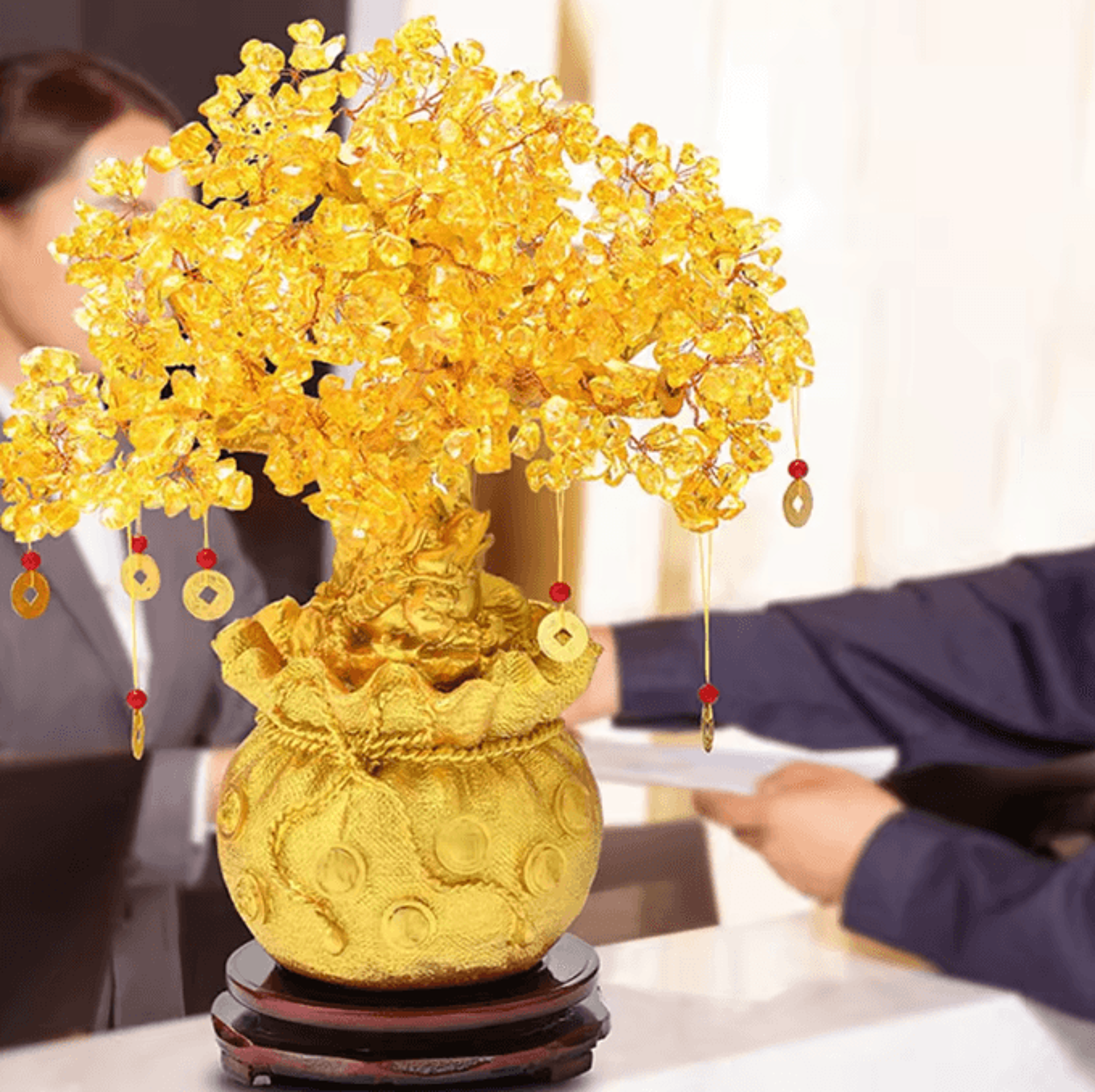 natural crystal money tree – feng shui fortune tree decor with gemstone leaves & money bag base