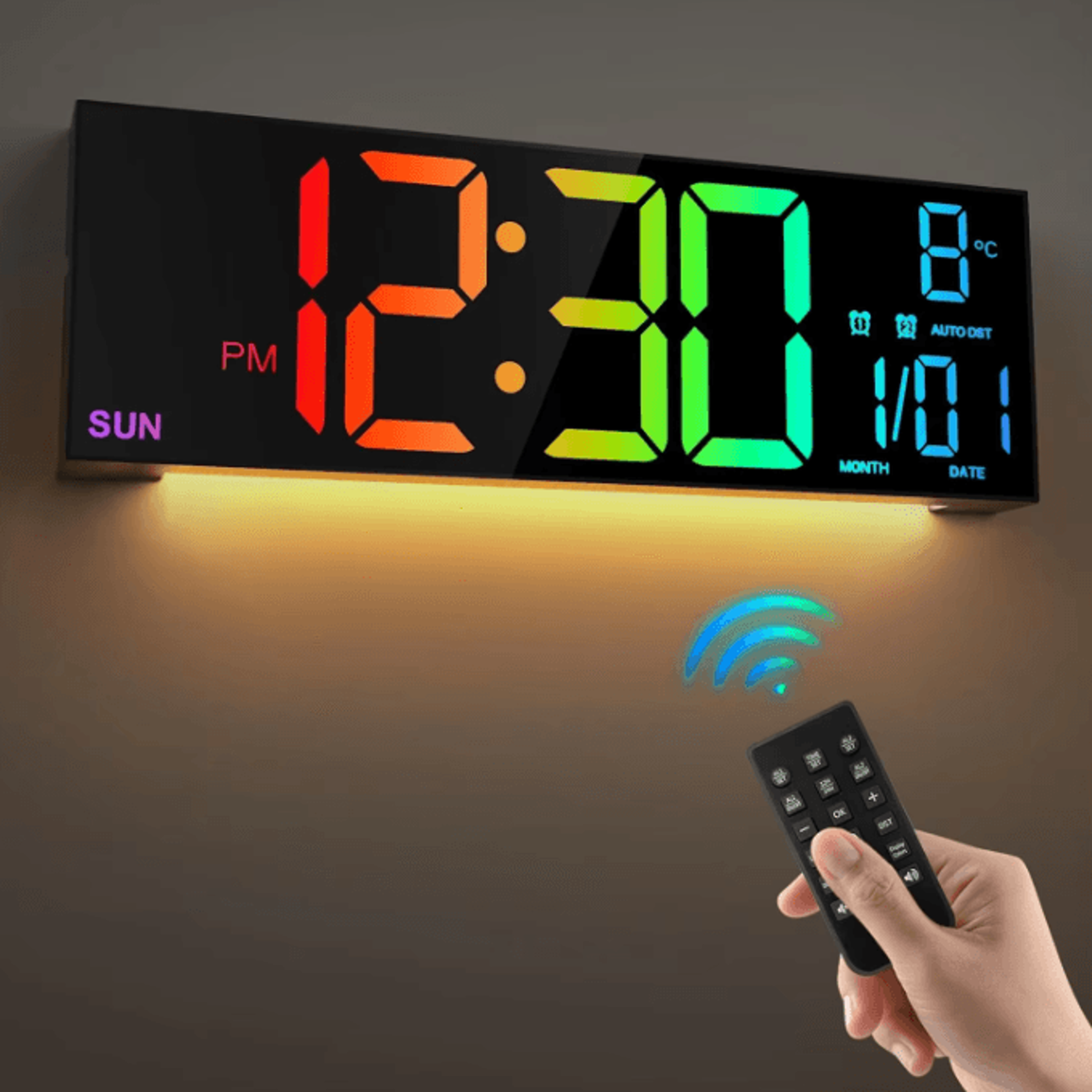 16.2inches large led digital wall clock with remote – rgb color display, dual alarm, auto-dimming modern wall clock