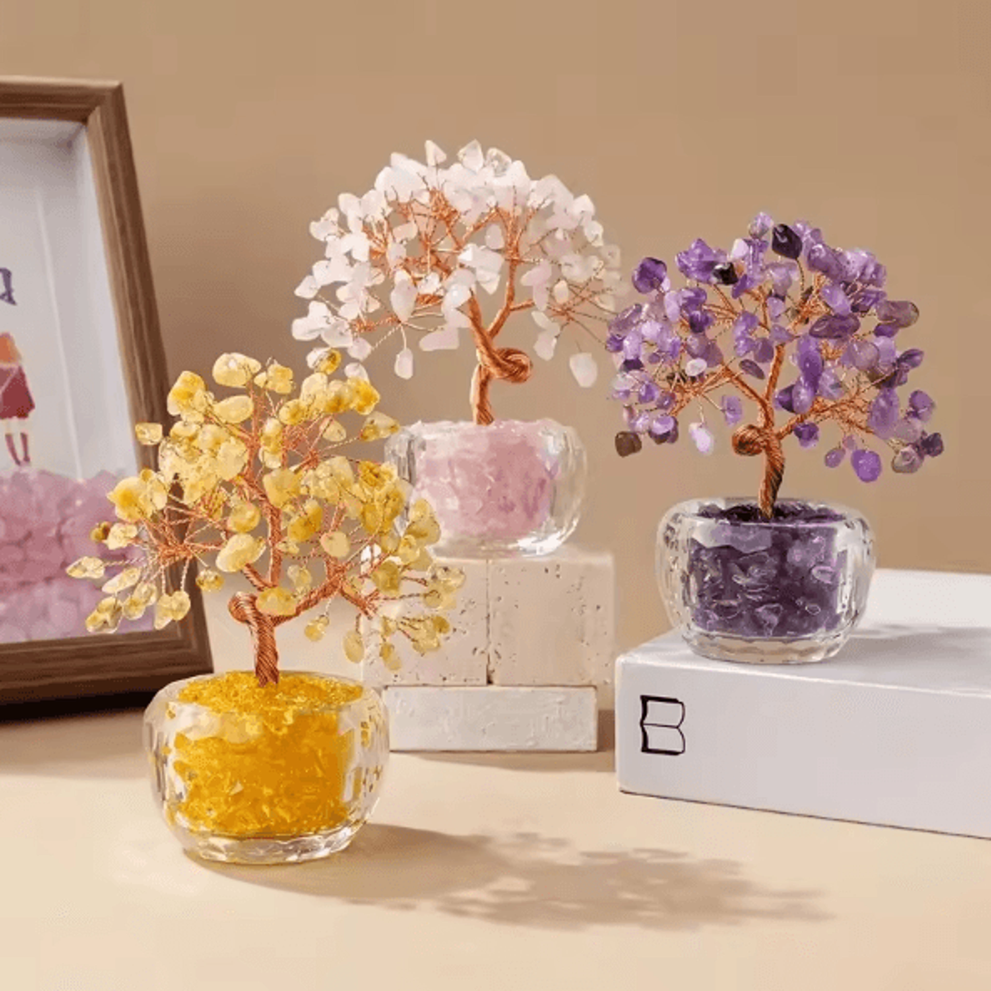 natural crystal fortune tree – tree of life feng shui decor with handcrafted gemstone leaves