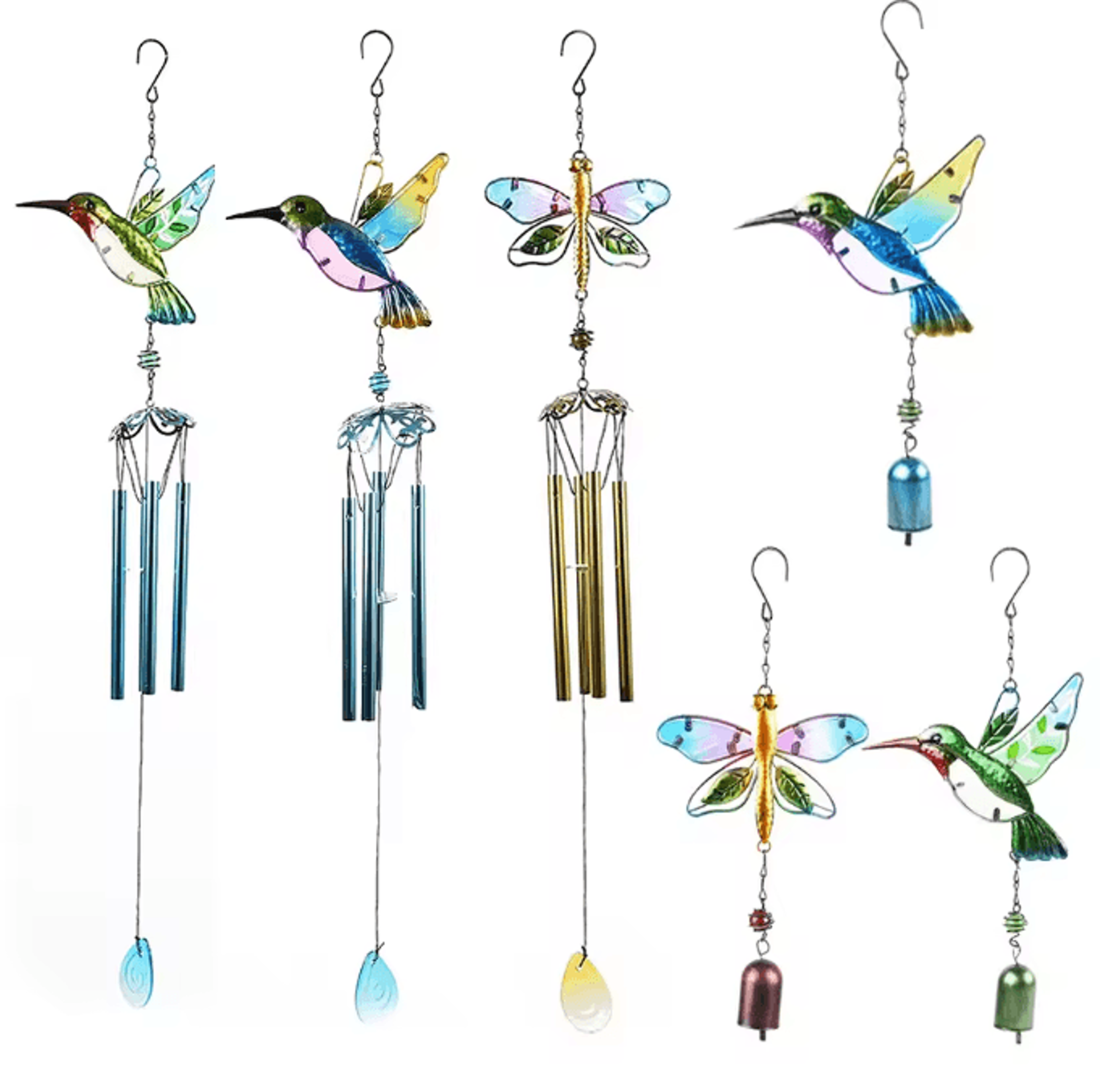 hummingbird & dragonfly metal glass wind chime – hand-painted garden hanging decor with soothing bells