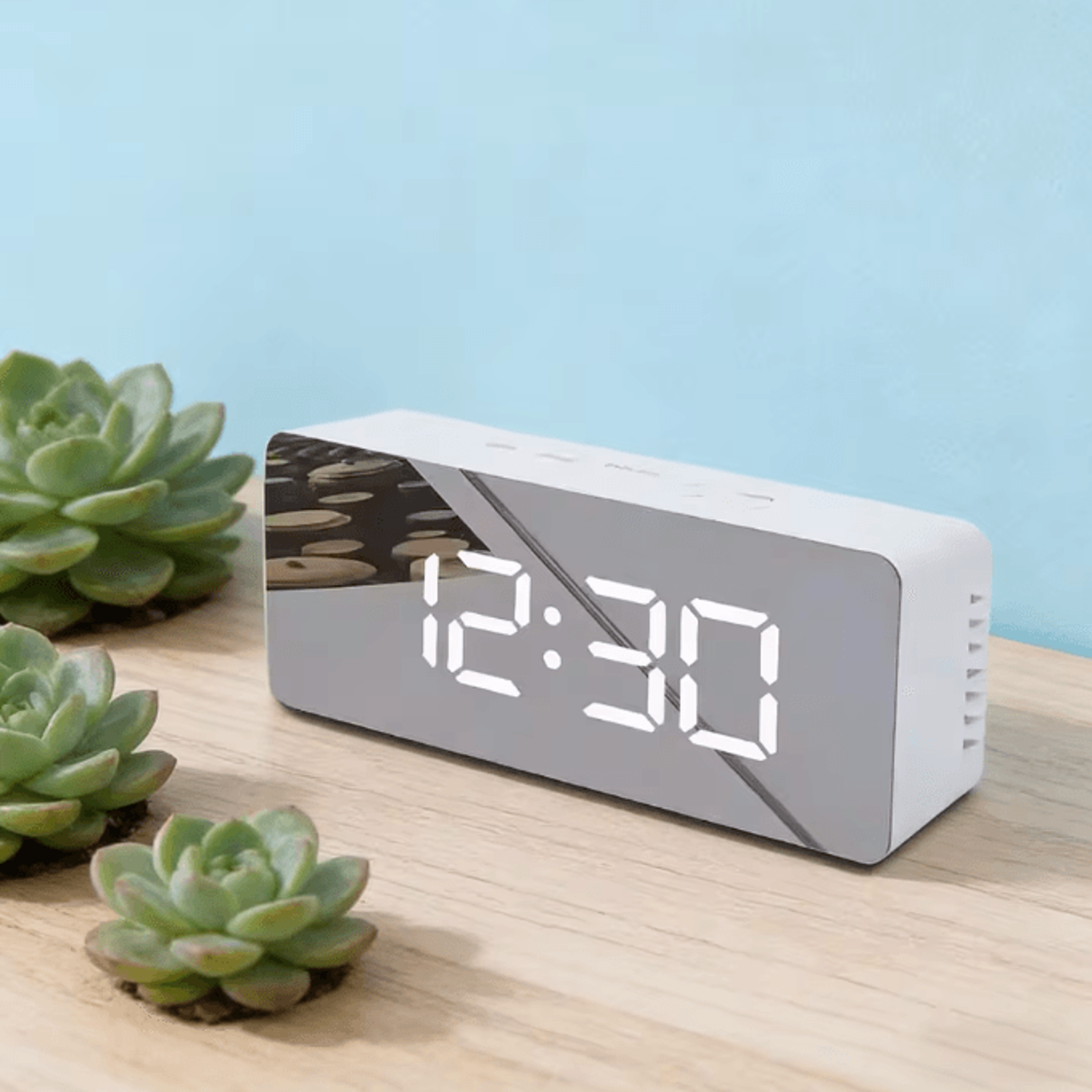 white led mirror digital alarm clock with snooze – usb powered modern desk clock with night mode