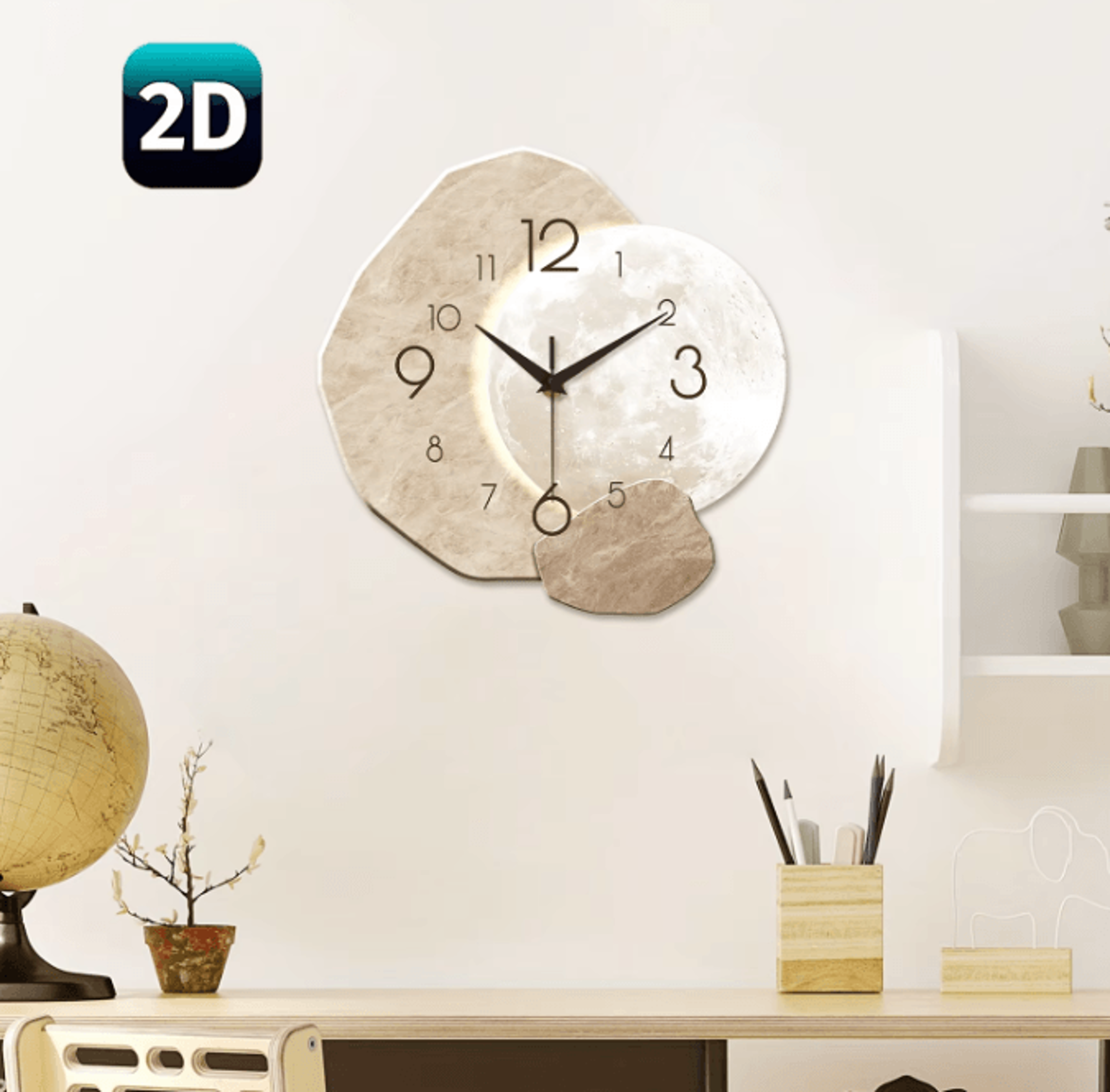 modern wooden moon wall clock – silent quartz minimalist wall decor for bedroom & living room