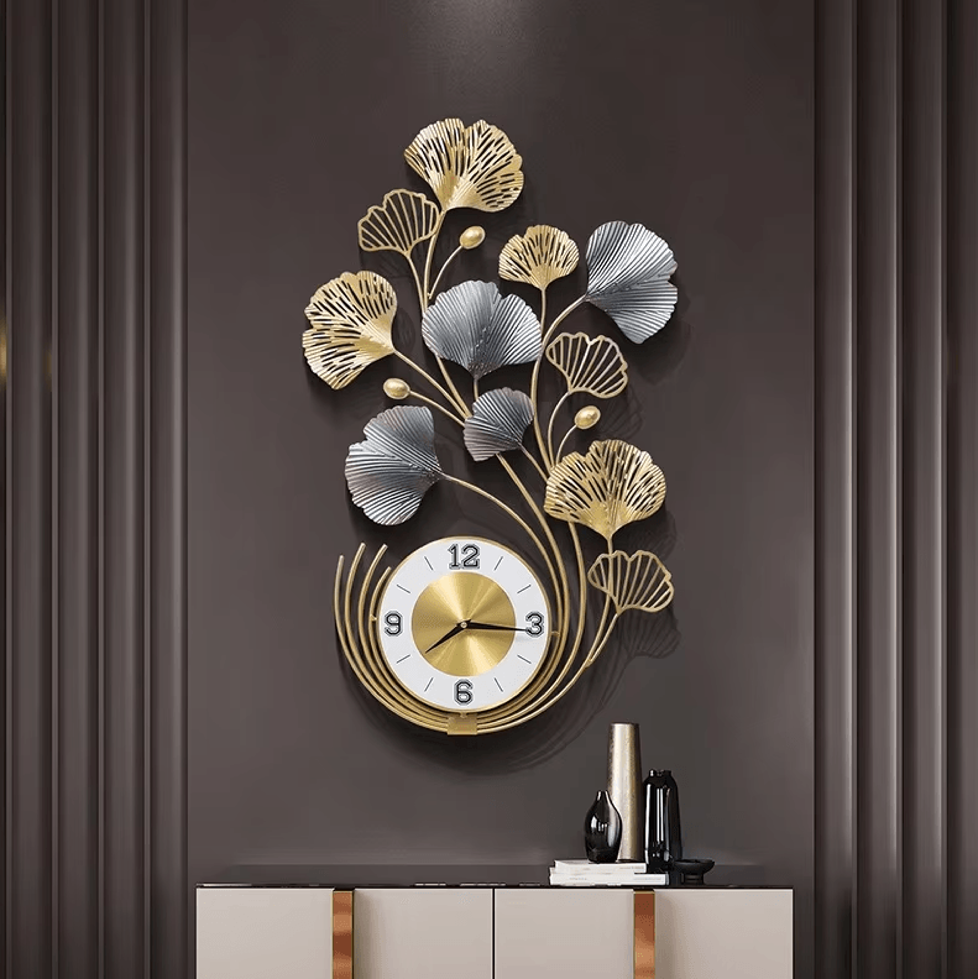 luxeleaf ginkgo biloba metal wall clock art large silent decor for living room & modern home spaces