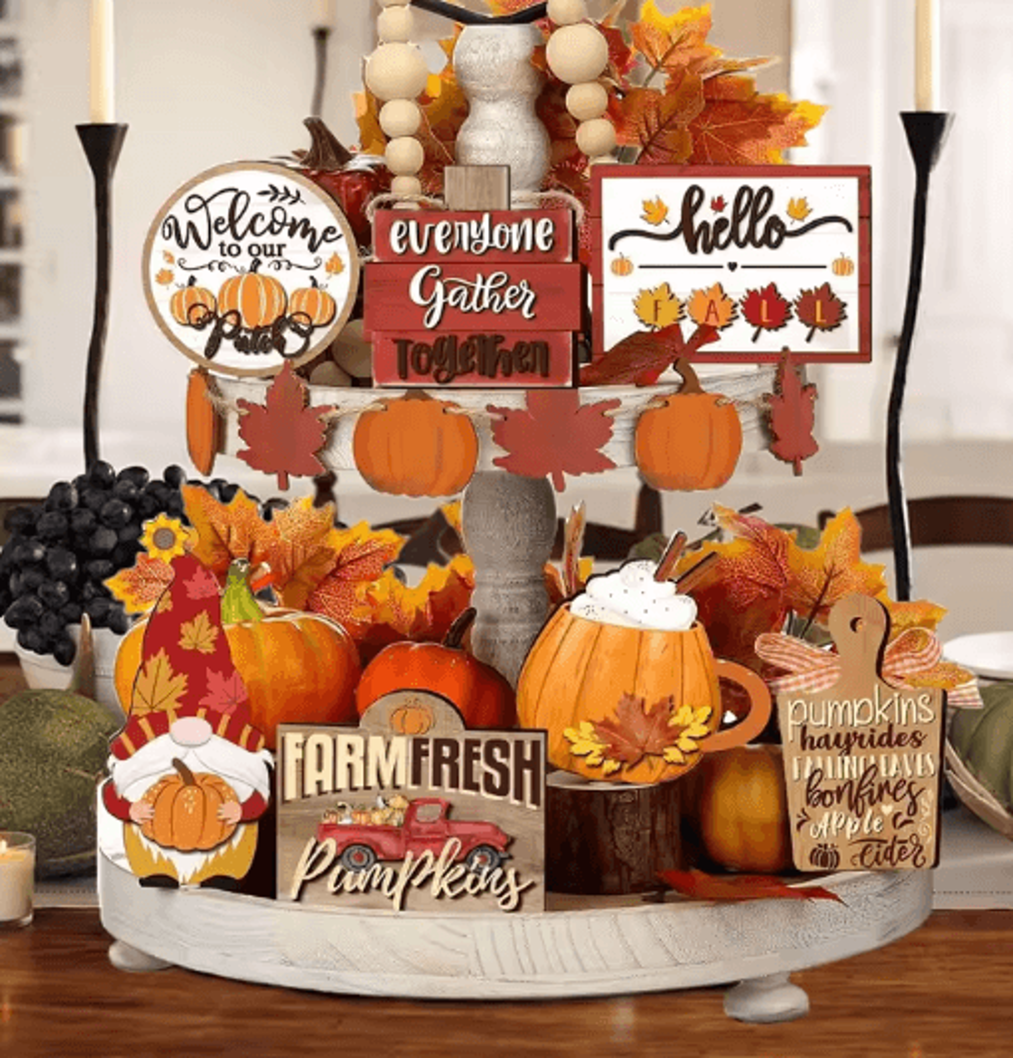 fall harvest wooden tiered tray decor set – farmhouse autumn pumpkin & maple leaf centerpieces