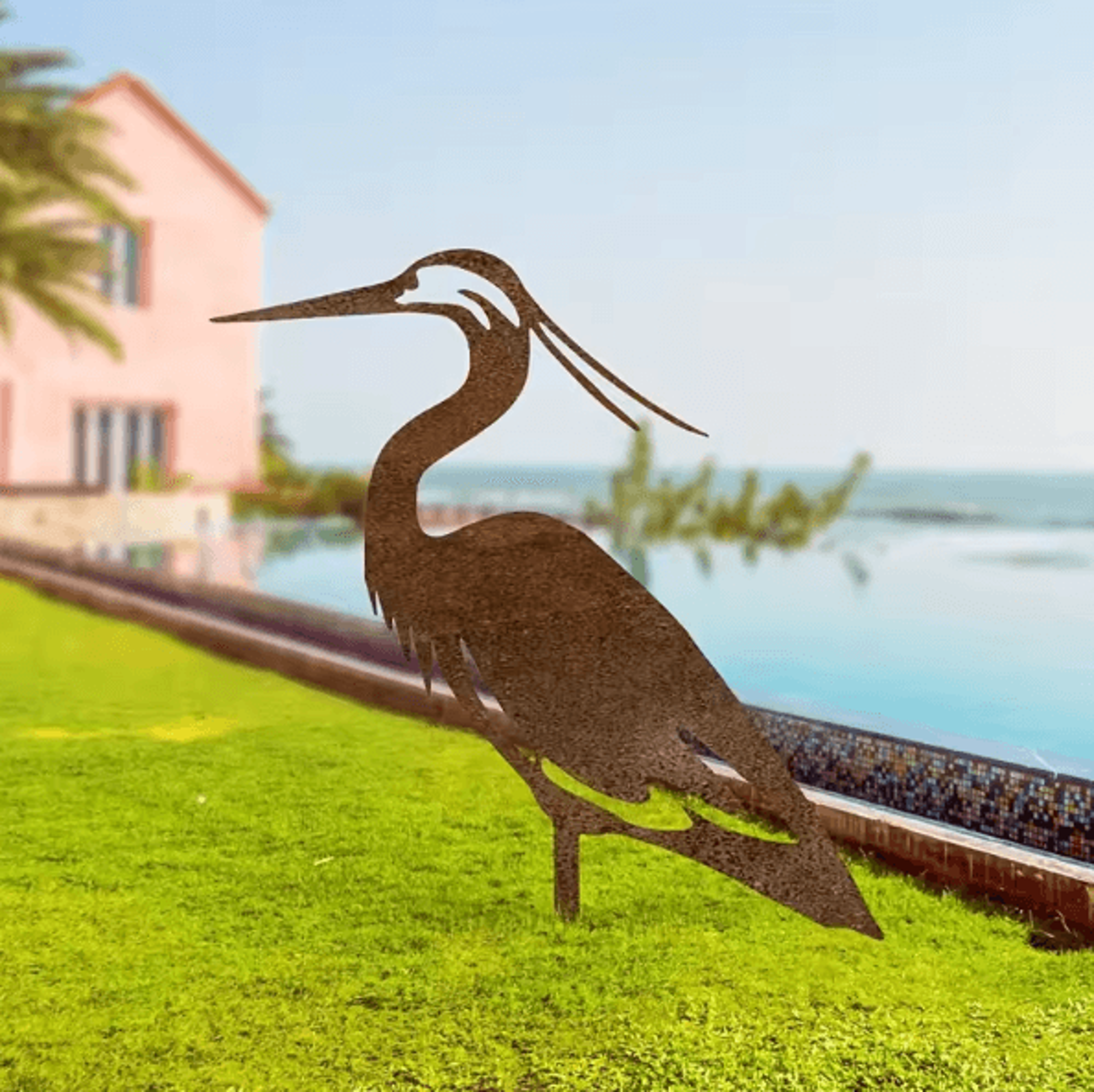 rusted metal crane garden statue – contemporary heron sculpture for outdoor yard & lawn decor