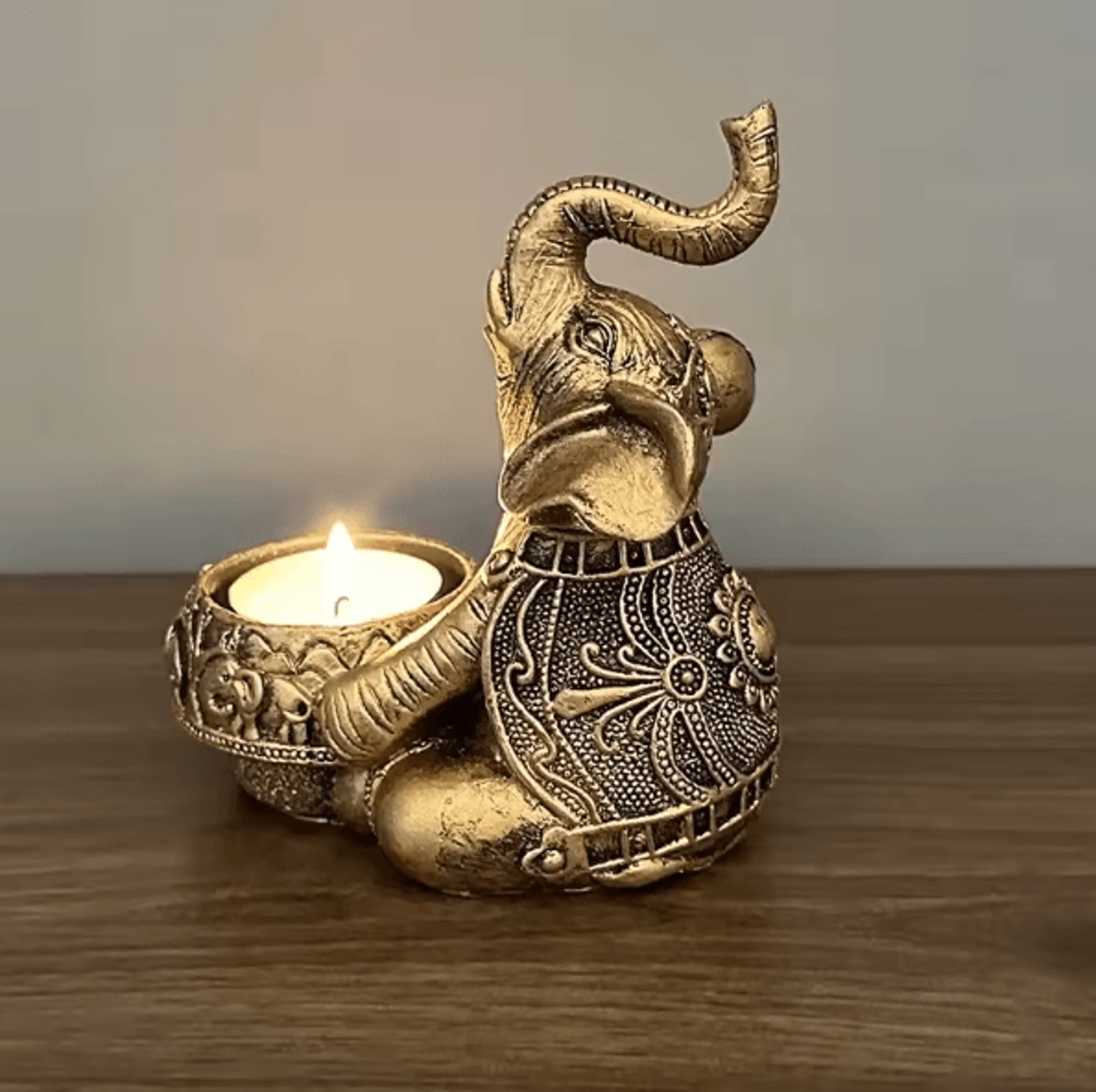 lucky elephant tealight candle holder – animal sculpture decor with raised trunk for home & gifting