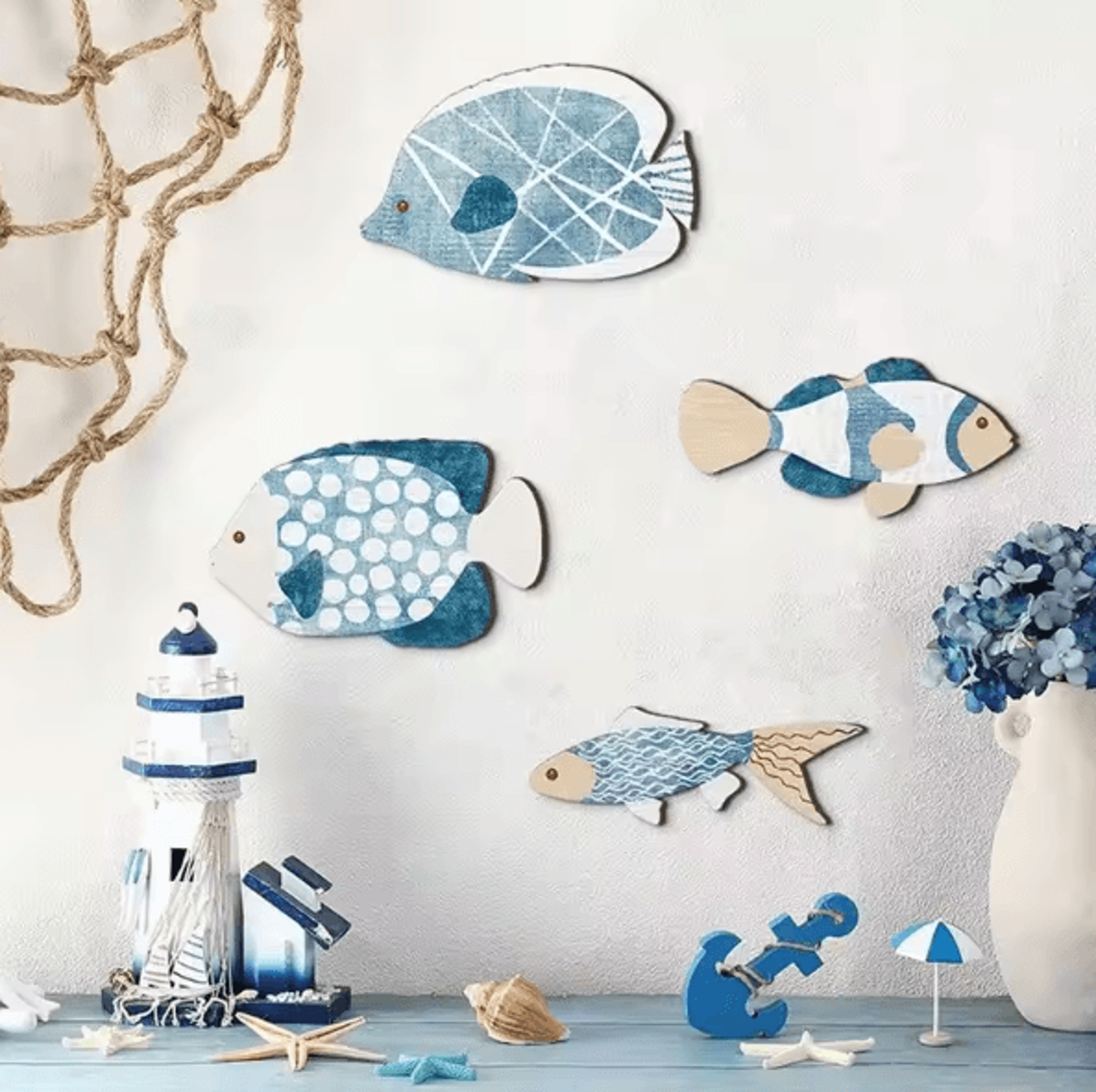 coastal wooden fish wall decor set – 4pcs nautical beach hanging art