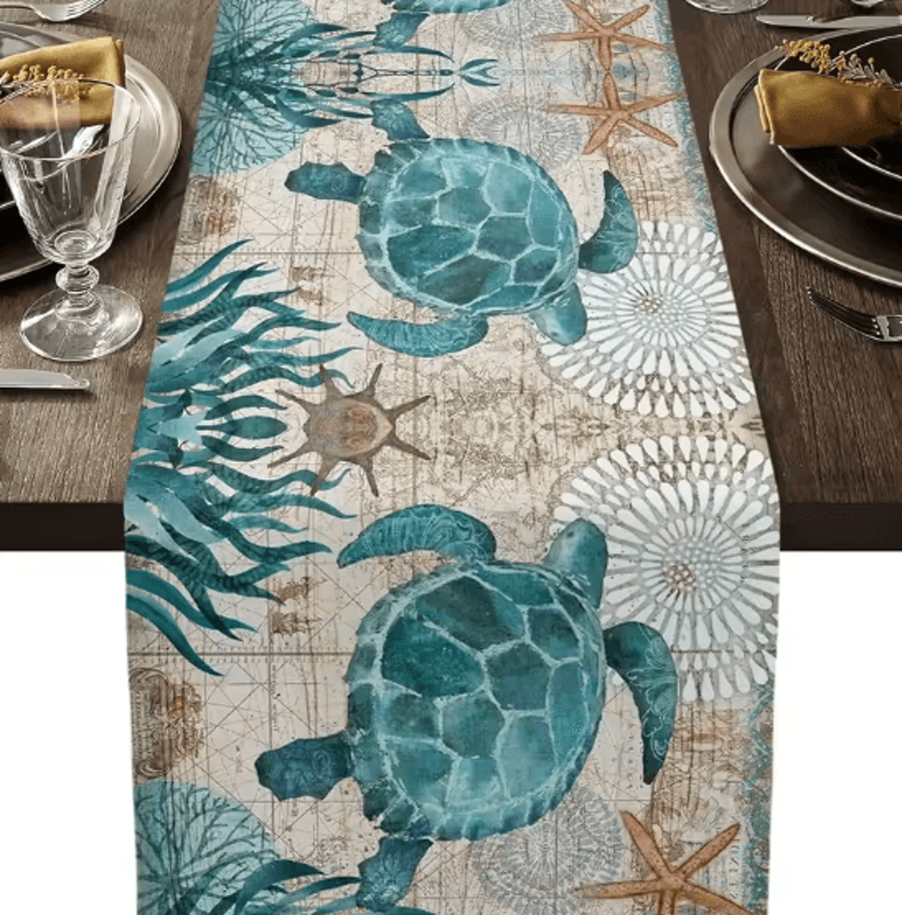 nautical sea turtle starfish linen table runner – coastal beach dining decor