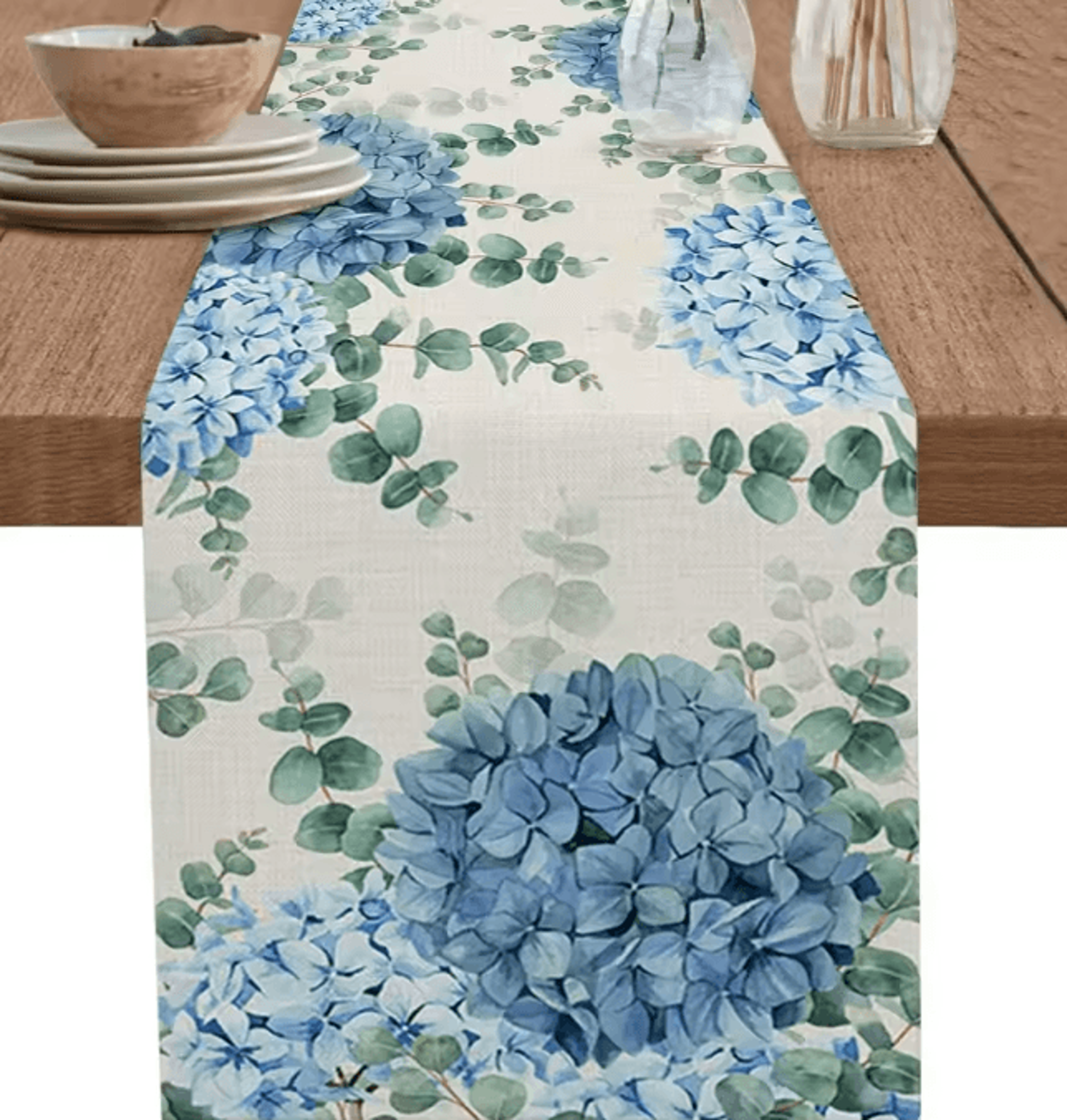 blue hydrangea eucalyptus linen table runner – farmhouse floral dining & wedding table decor