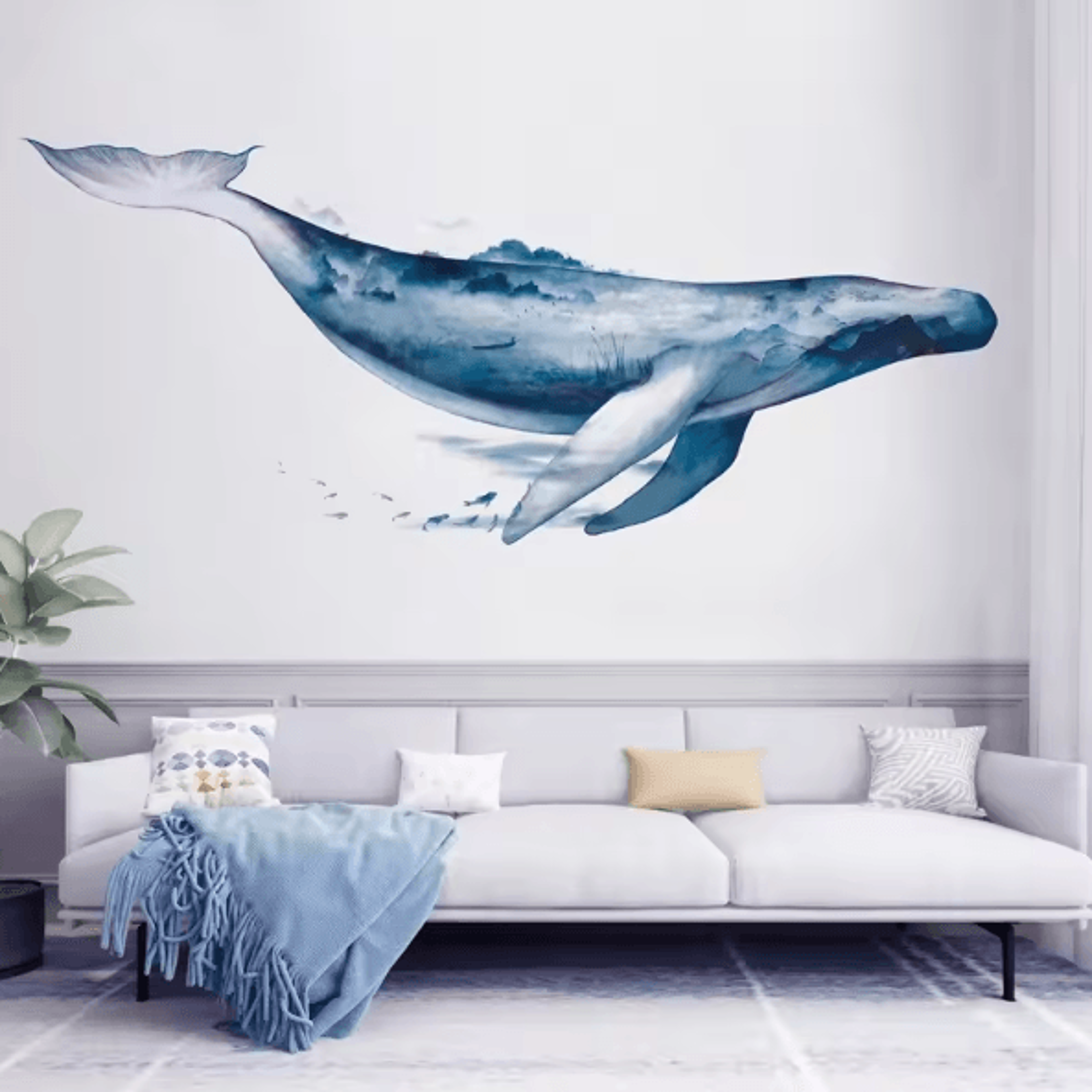 ink wash whale wall sticker – minimalist ocean vinyl wall decal for living room & bedroom